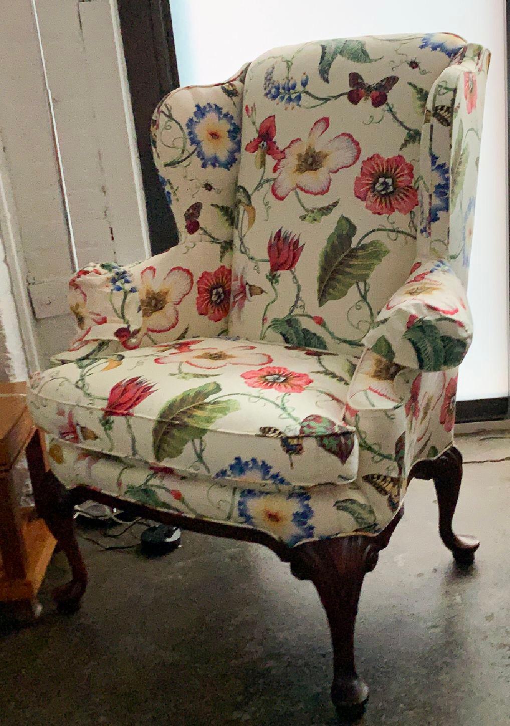 Edwardian Highland House Floral Contemporary Wingback Armchair, White, Custom Lounge Chair