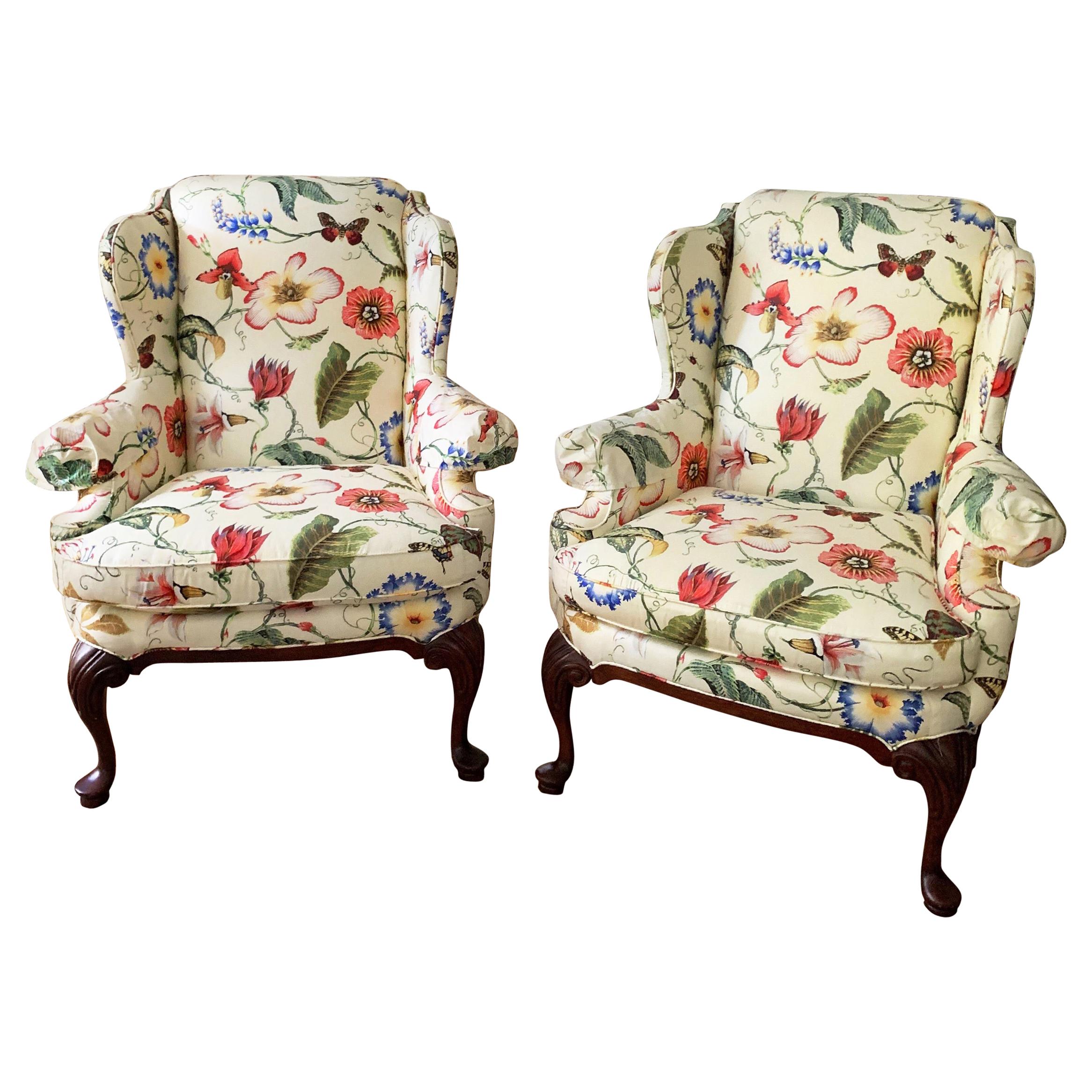 Gorgeous custom Highland House custom floral contemporary wingback armchair. Two available. Listing is for one chair.  
