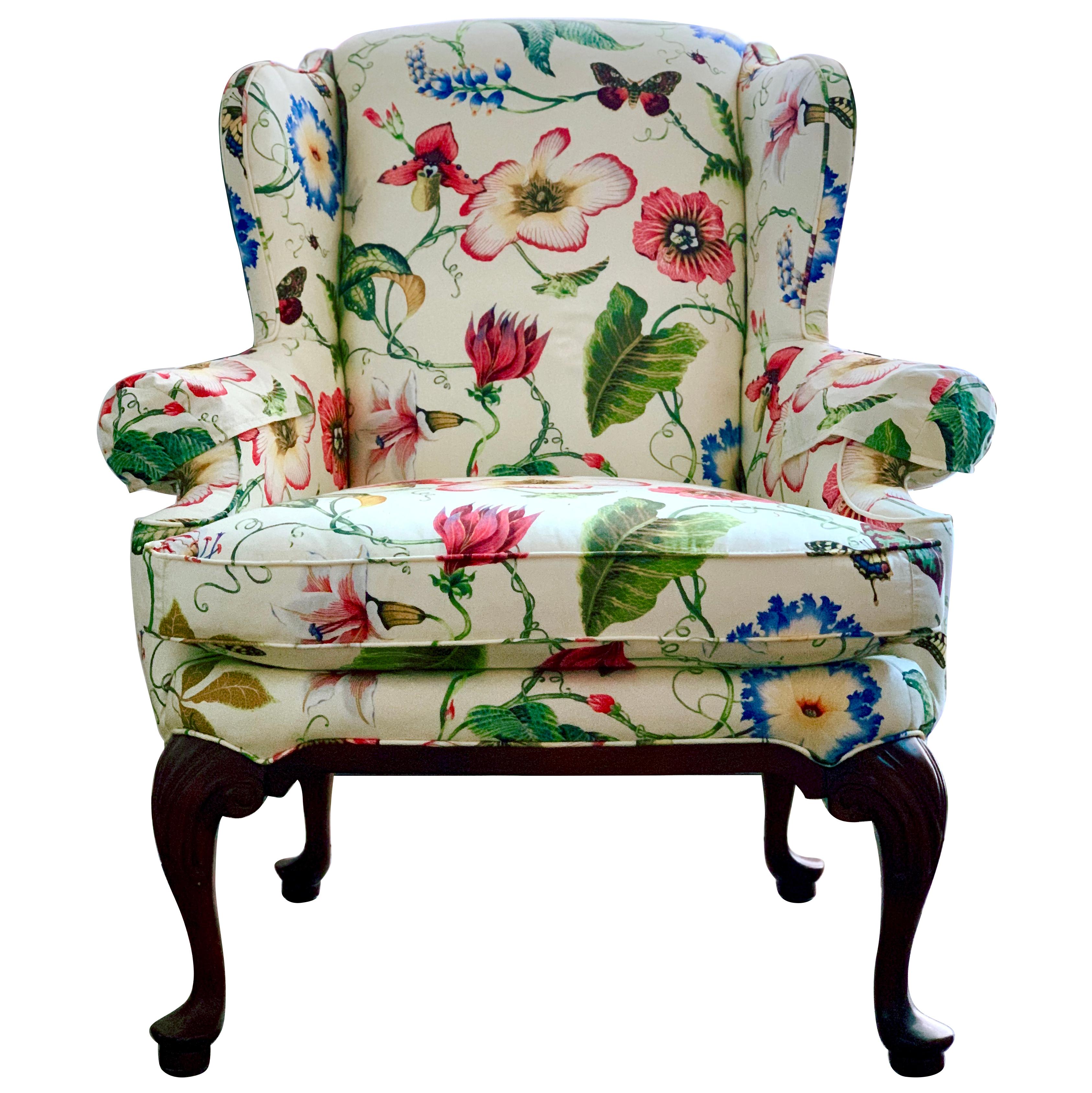 Highland House Floral Contemporary Wingback Armchair, White, Custom Lounge Chair