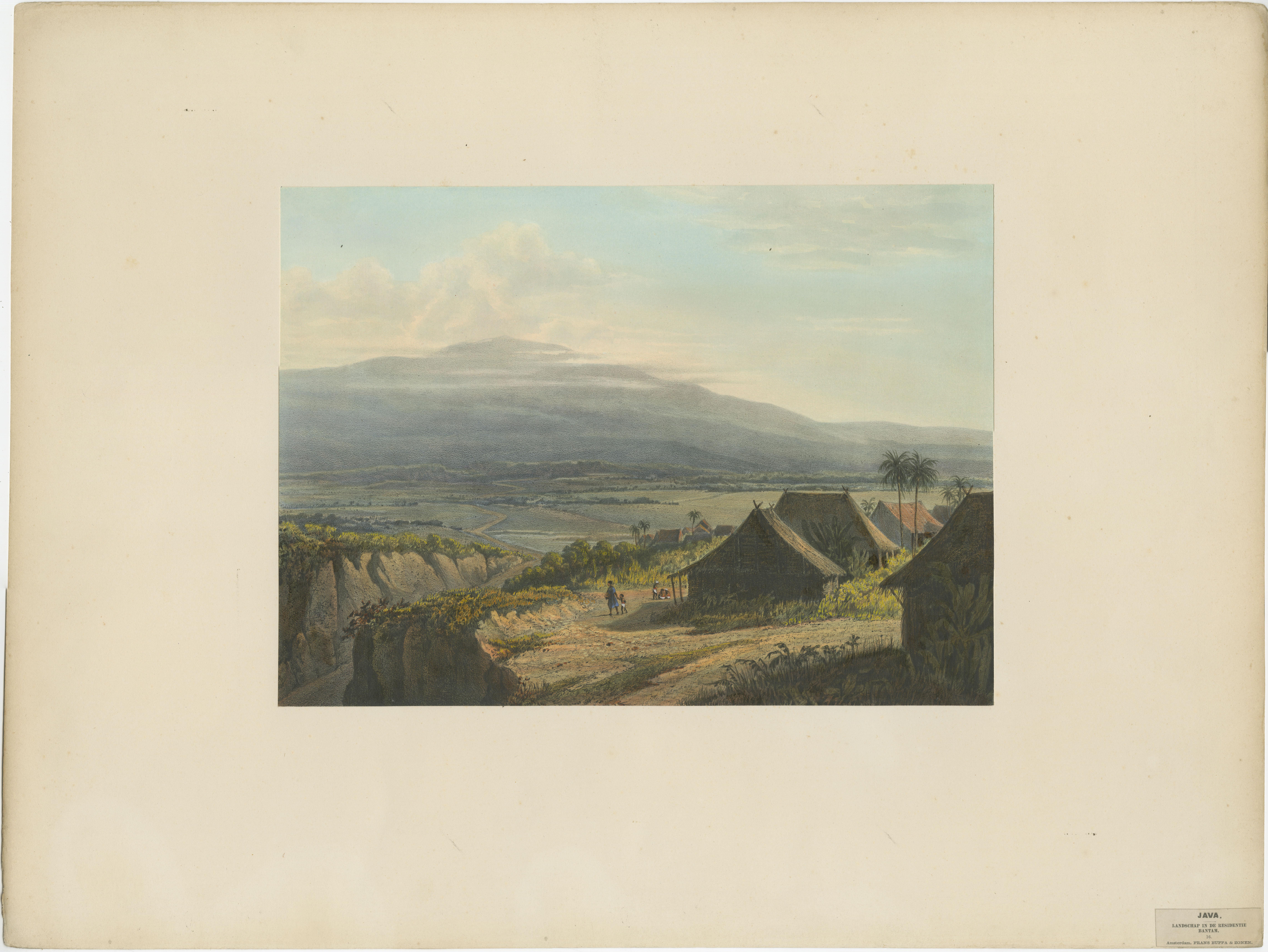 Highland Landscape in the Bantam Residency – Java Lithograph, Published 1872

This expansive and atmospheric chromolithograph presents a sweeping view over the highlands of the Bantam Residency in West Java, offering a powerful sense of the island’s