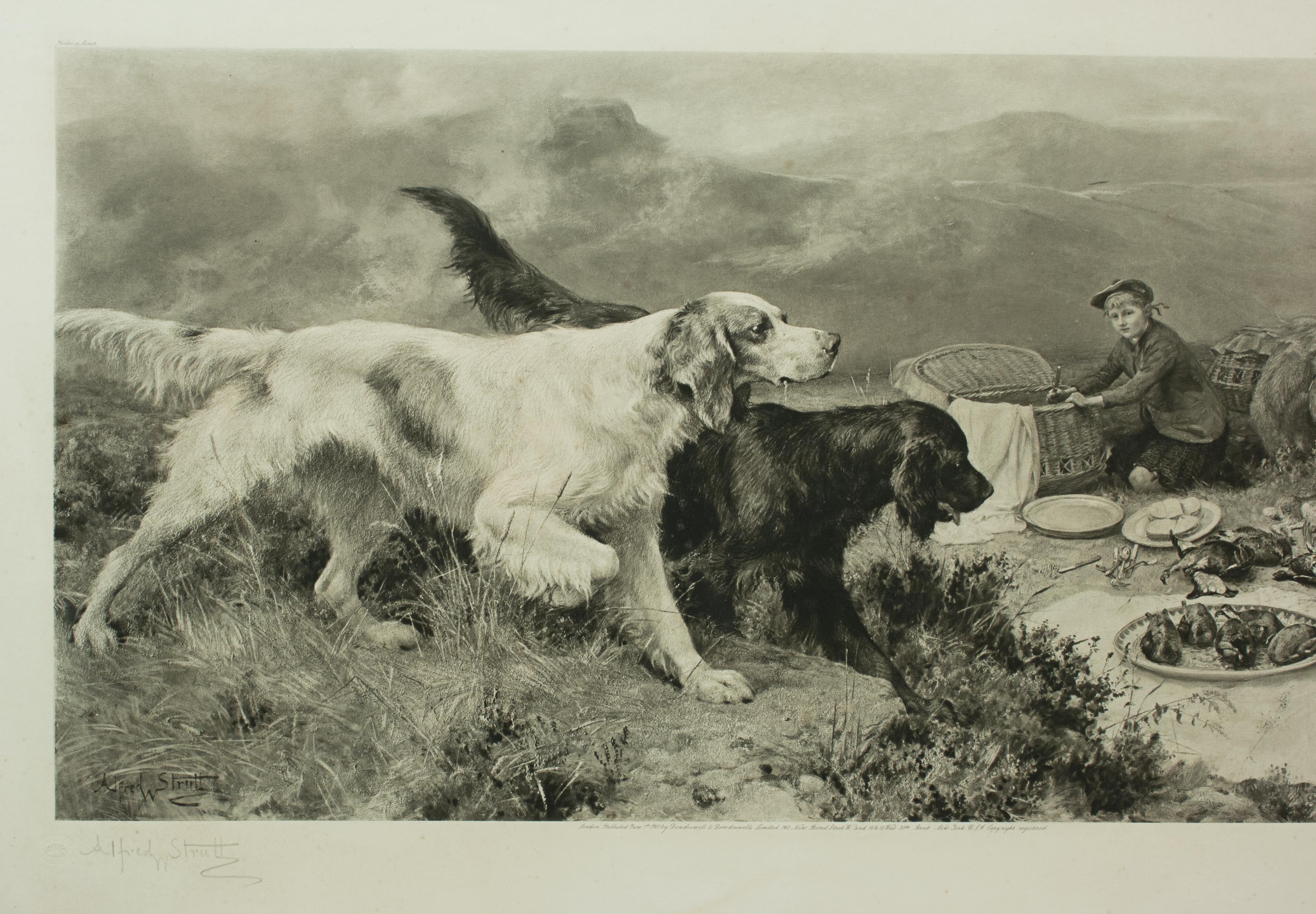 Alfred Strutt game picture, Gamekeeper's Highland Repast.
The picture is framed in an old oak frame and shows a young Gamekeeper in the Highlands with his two companions (two setters) and his pony. He can be seen laying out a meal (sandwiches and