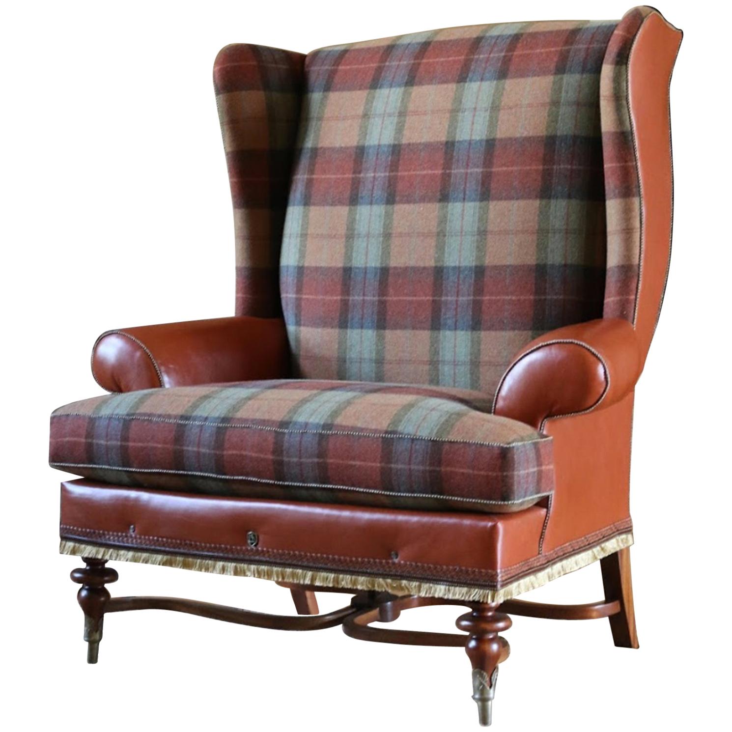 Highland Wingback Chair, an Italian leather brown tweed wool bronze lounge chair For Sale