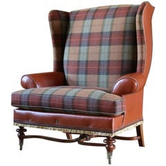 Antique Highland Wingback Chair, an Italian leather brown tweed wool bronze lounge chair