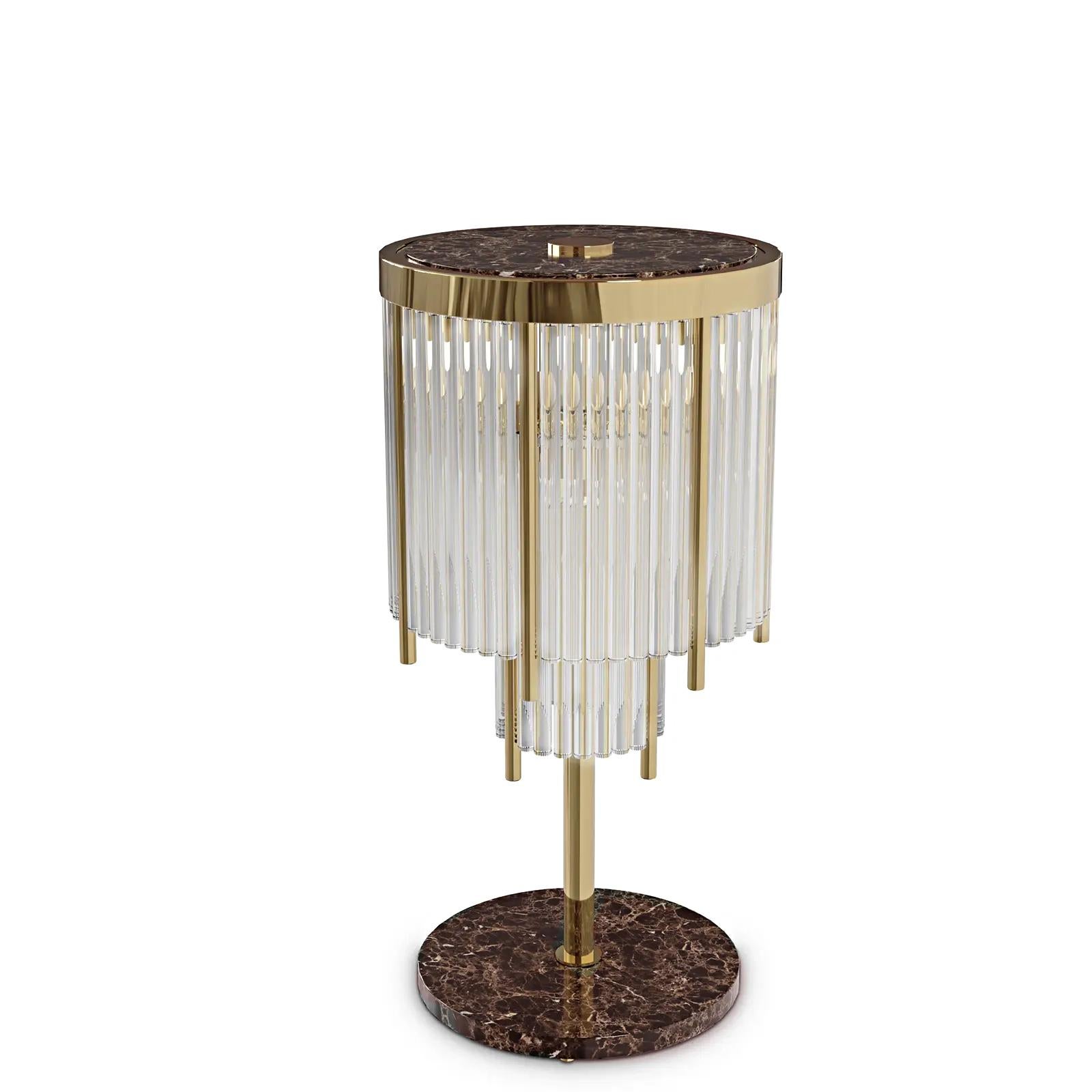 Table Lamp Highlight Brass Medium with solid polished
brass structure and with shade in crystal glass sticks. Base
made with brown marble.
4 bulbs, lamp holder type g9 halogen, max 40 watt,
voltage: 220-240V. Bulbs not included.
Also available on