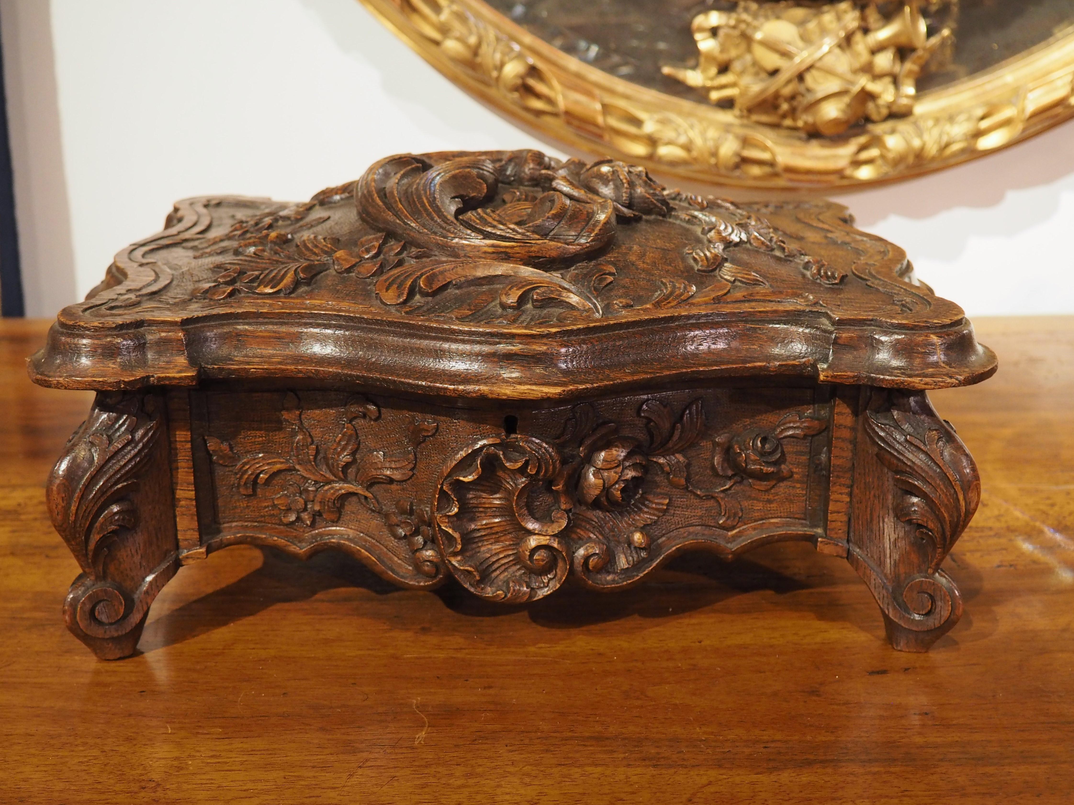 Hand-Carved Highly Carved Antique French Oak Jewelry Box, Circa 1880