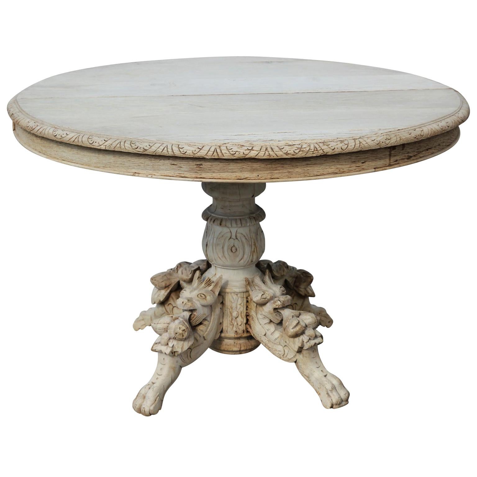 Highly Carved Bleached Wood Round Hunting Style 19th Century Dining Table