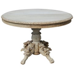Highly Carved Bleached Wood Round Hunting Style 19th Century Dining Table
