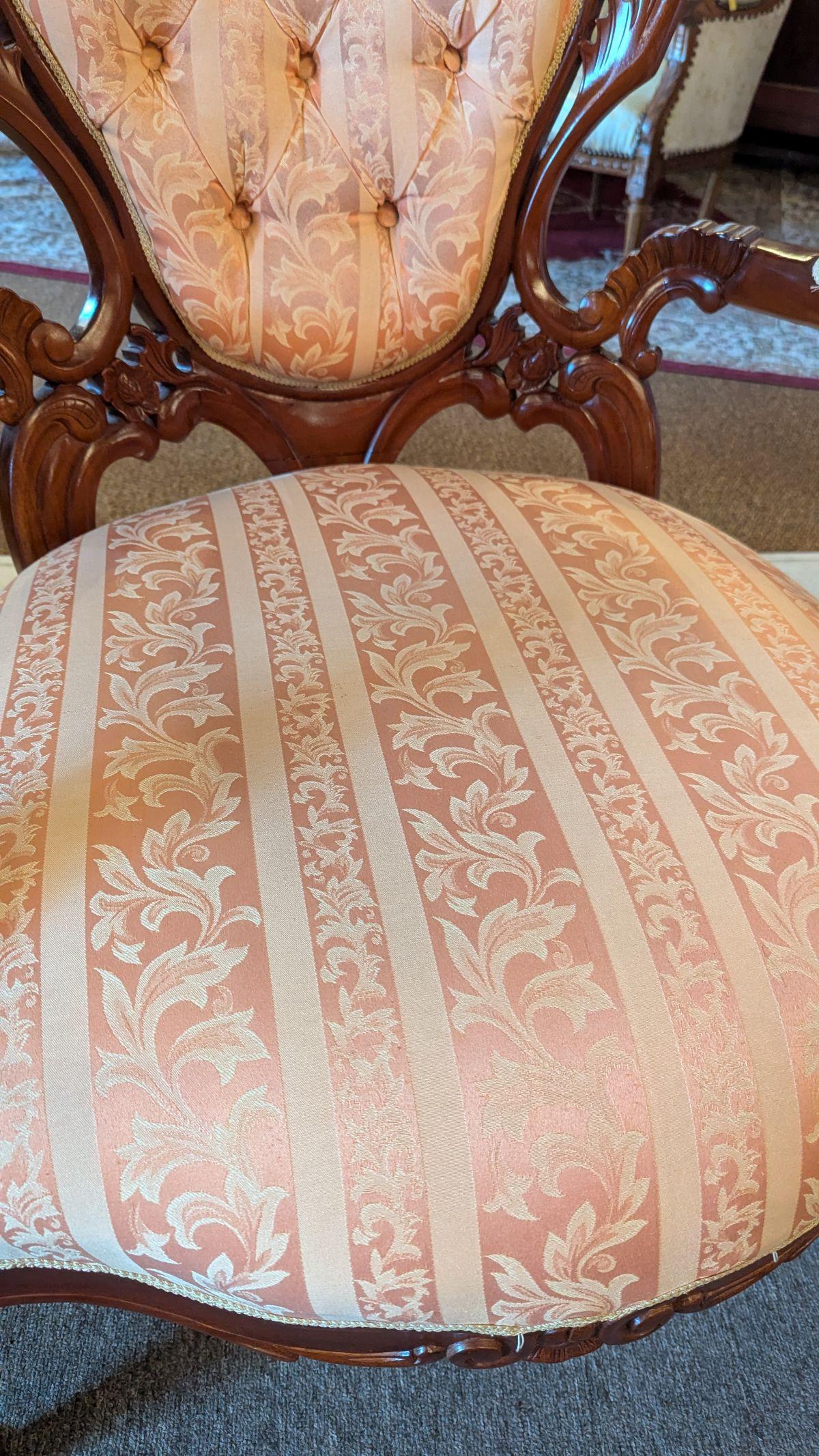 Fabric Highly Carved Chair pair For Sale