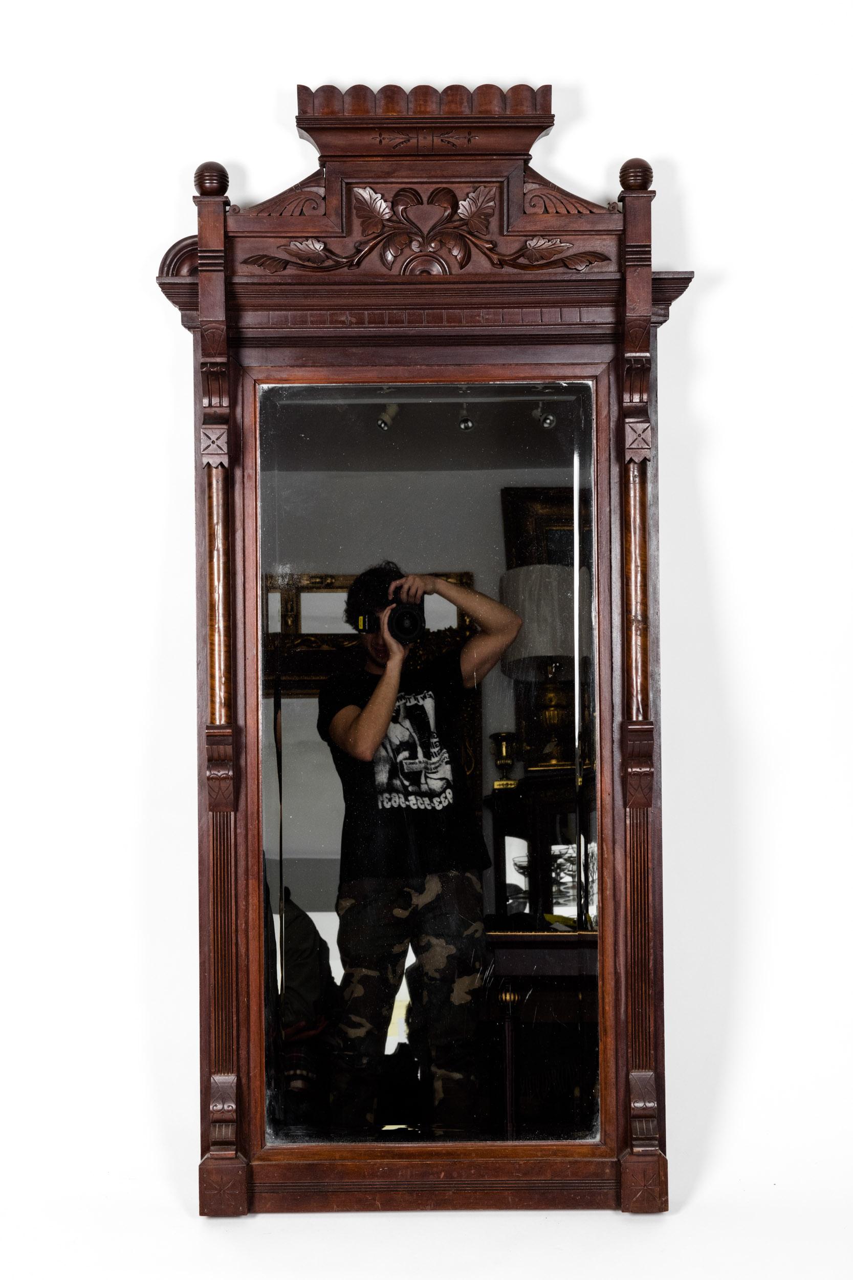 Highly Carved Mahogany Wood Framed Hanging Wall Mirror 5