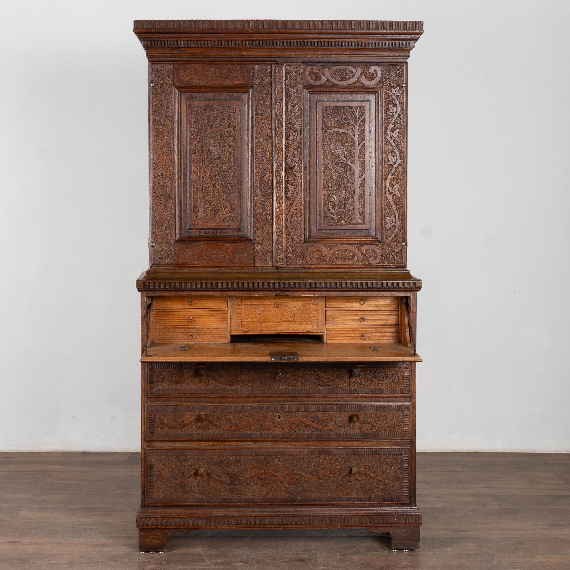 Danish Highly Carved Pine Secretary from Denmark, circa 1890 For Sale