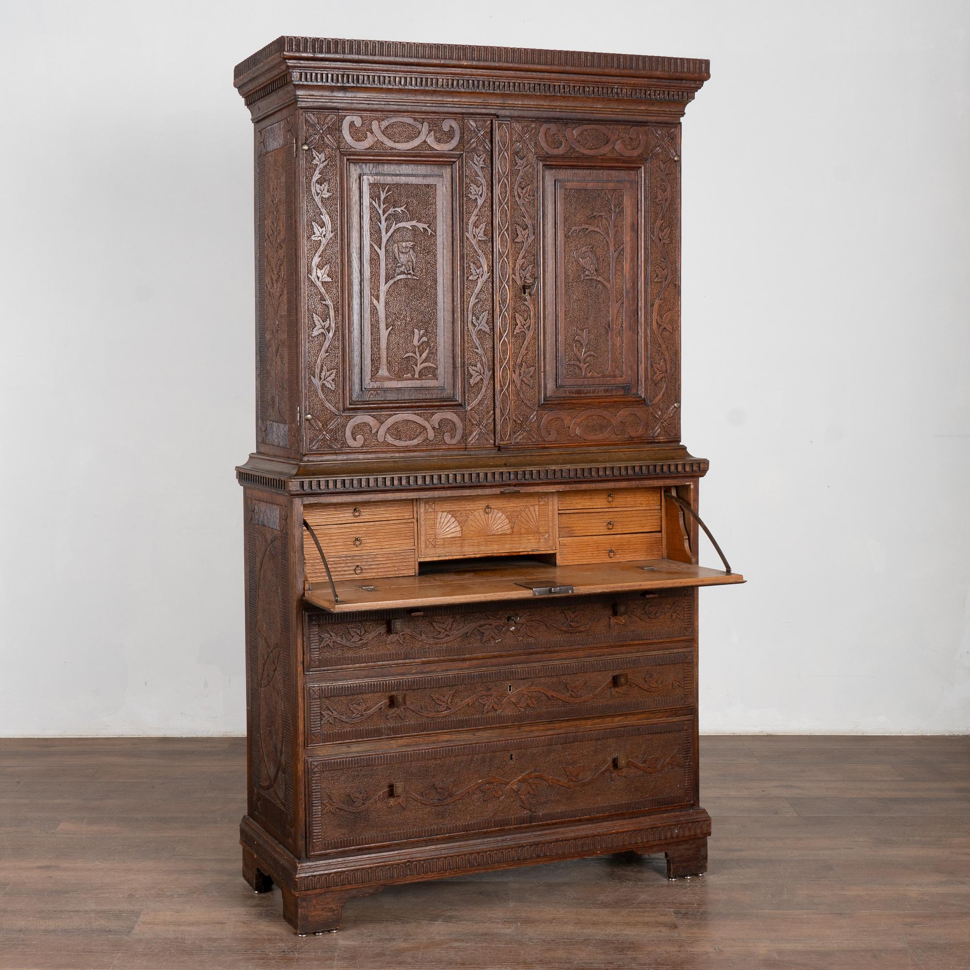 Highly Carved Pine Secretary from Denmark, circa 1890 In Good Condition For Sale In Round Top, TX