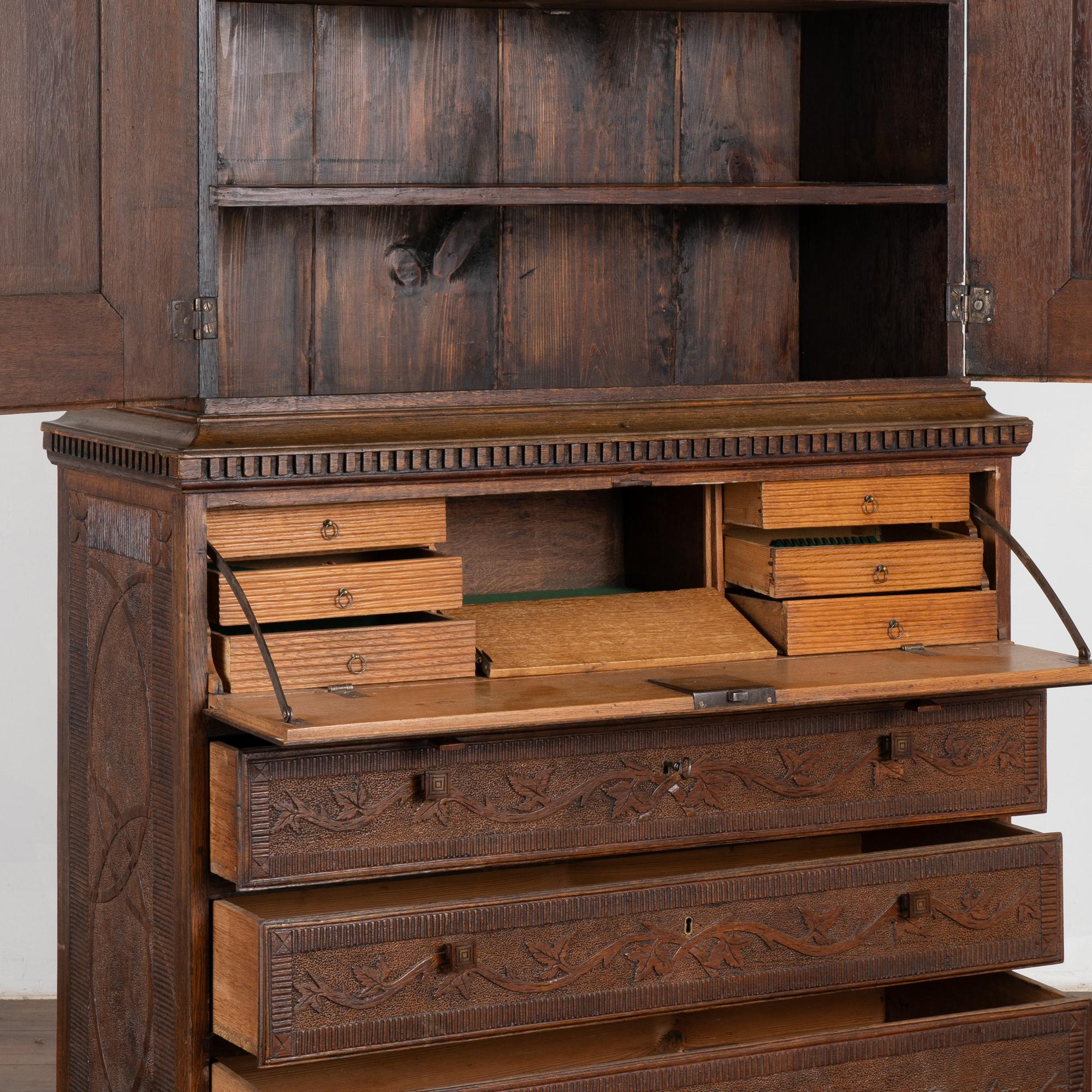 Highly Carved Pine Secretary from Denmark, circa 1890 For Sale 1