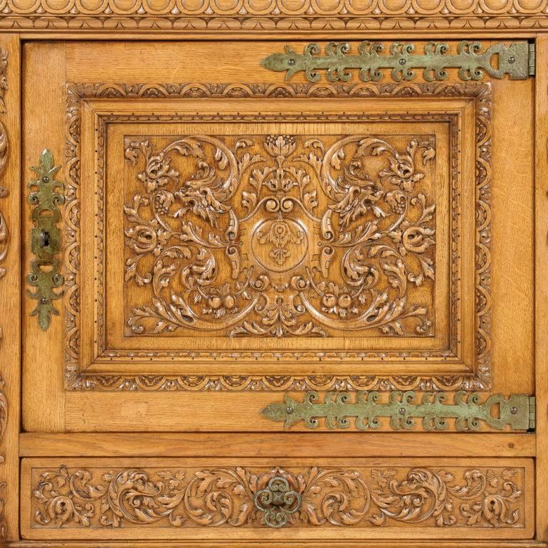 Brass Highly Carved Solid Oak Renaissance-Revival Cabinet