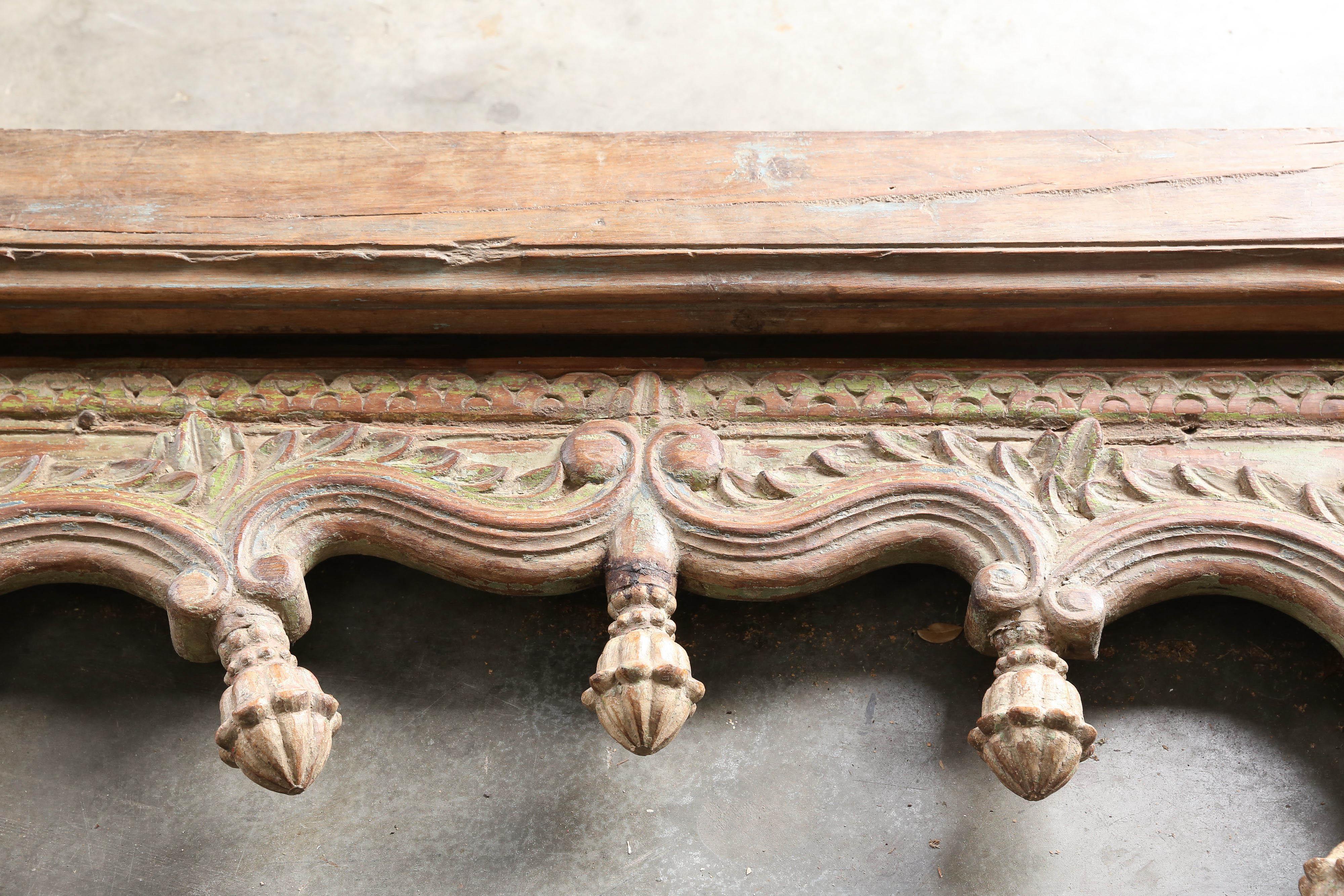 Hand-Crafted Highly Carved Solid Teak Wood Four Arch Side Panel from a Second Floor Balcony