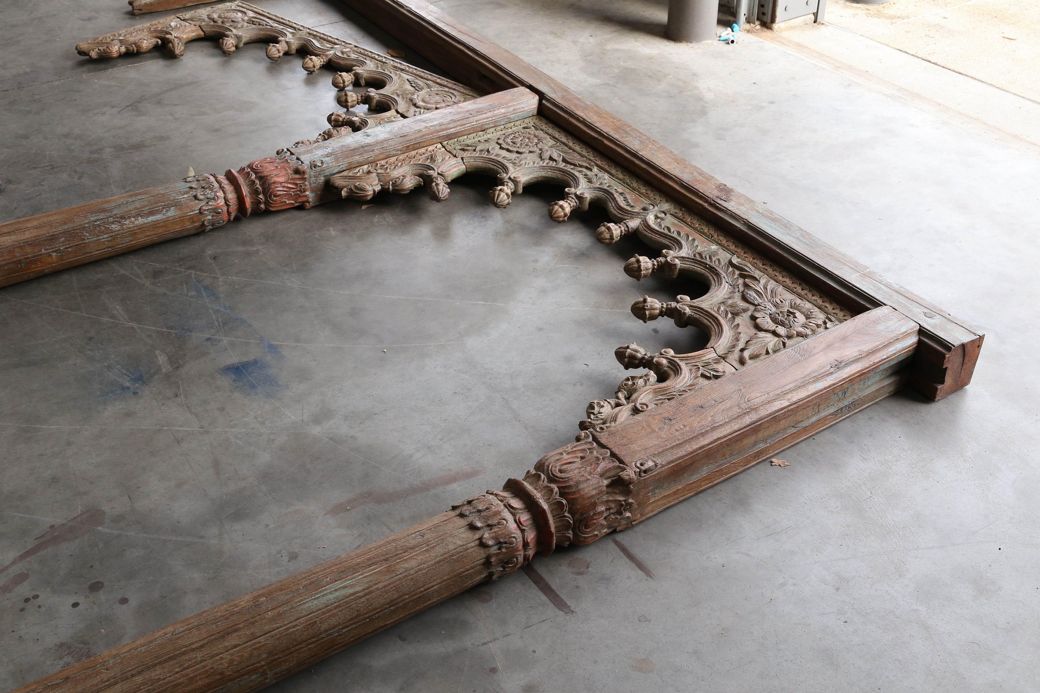 Highly Carved Solid Teak Wood Four Arch Side Panel from a Second Floor Balcony 2