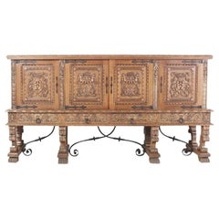 Highly-Carved Vintage Four-Door Buffet with Iron Stretcher Base