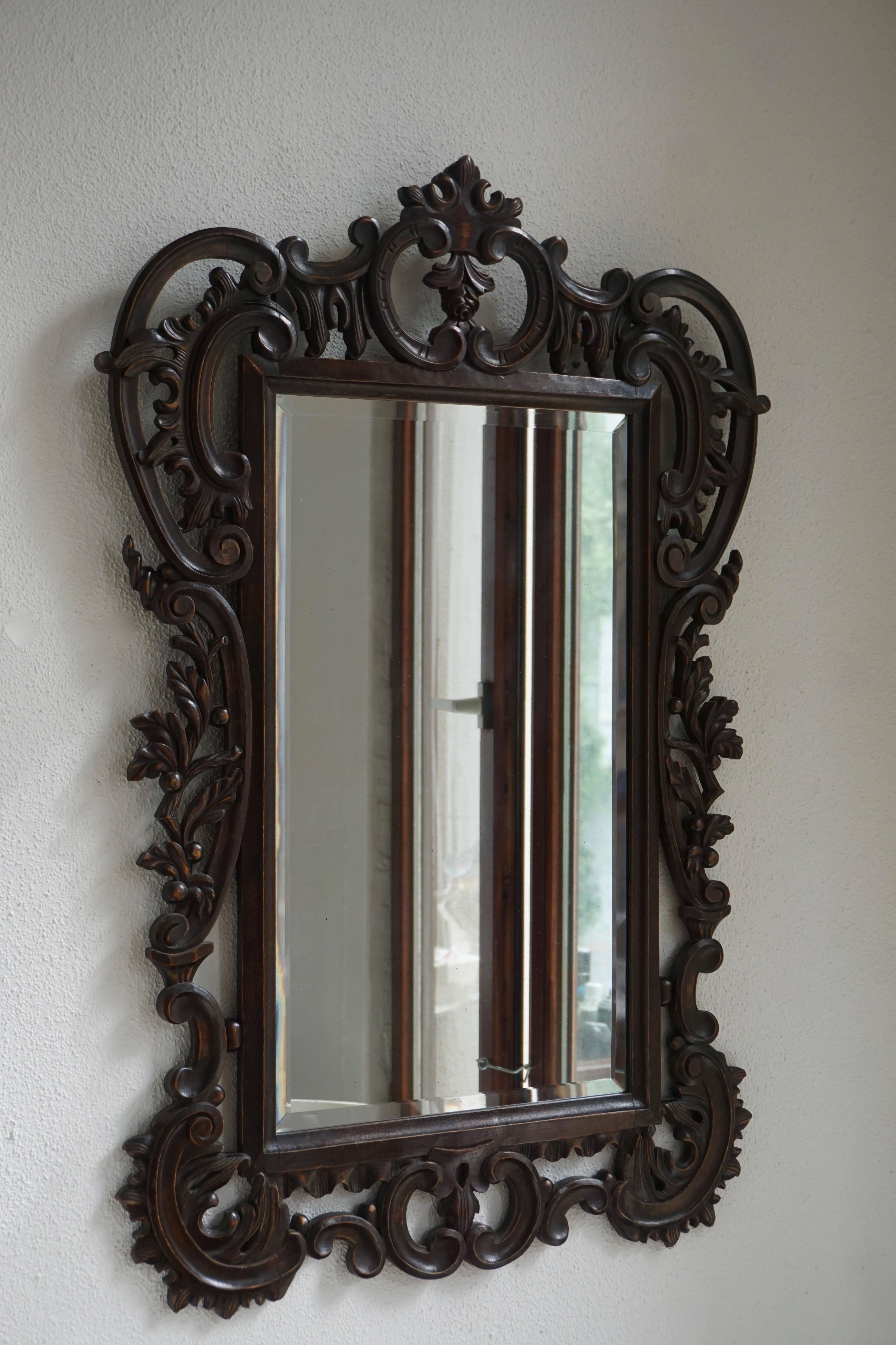 Hand-Carved Highly Carved Vintage Wooden Mirror For Sale