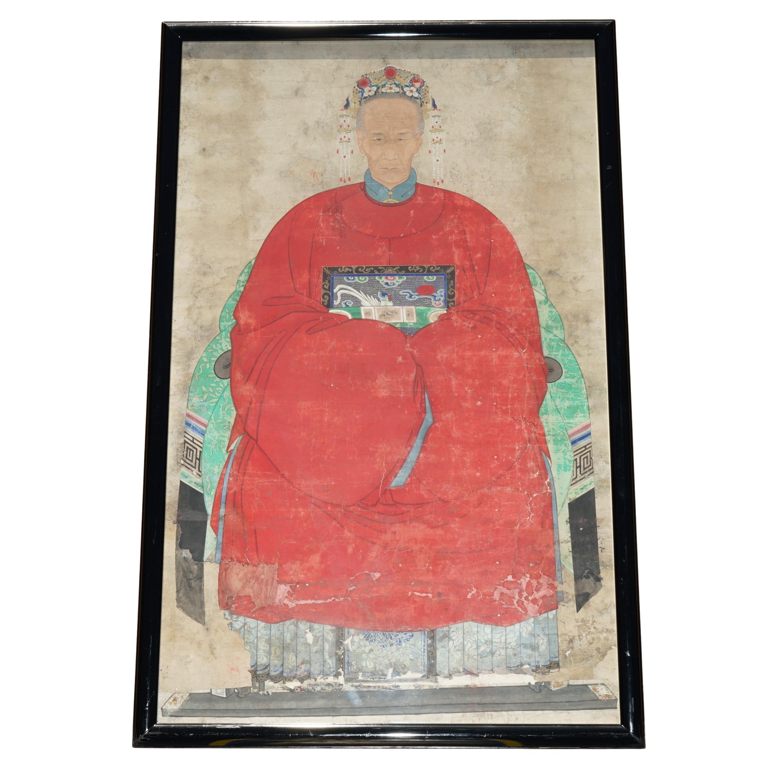 HIGHLY COLLECTABLE ANTIQUE CIRCA 1860 CHiNESE ANCESTRAL PORTRAIT IN MUSEUM FRAME For Sale