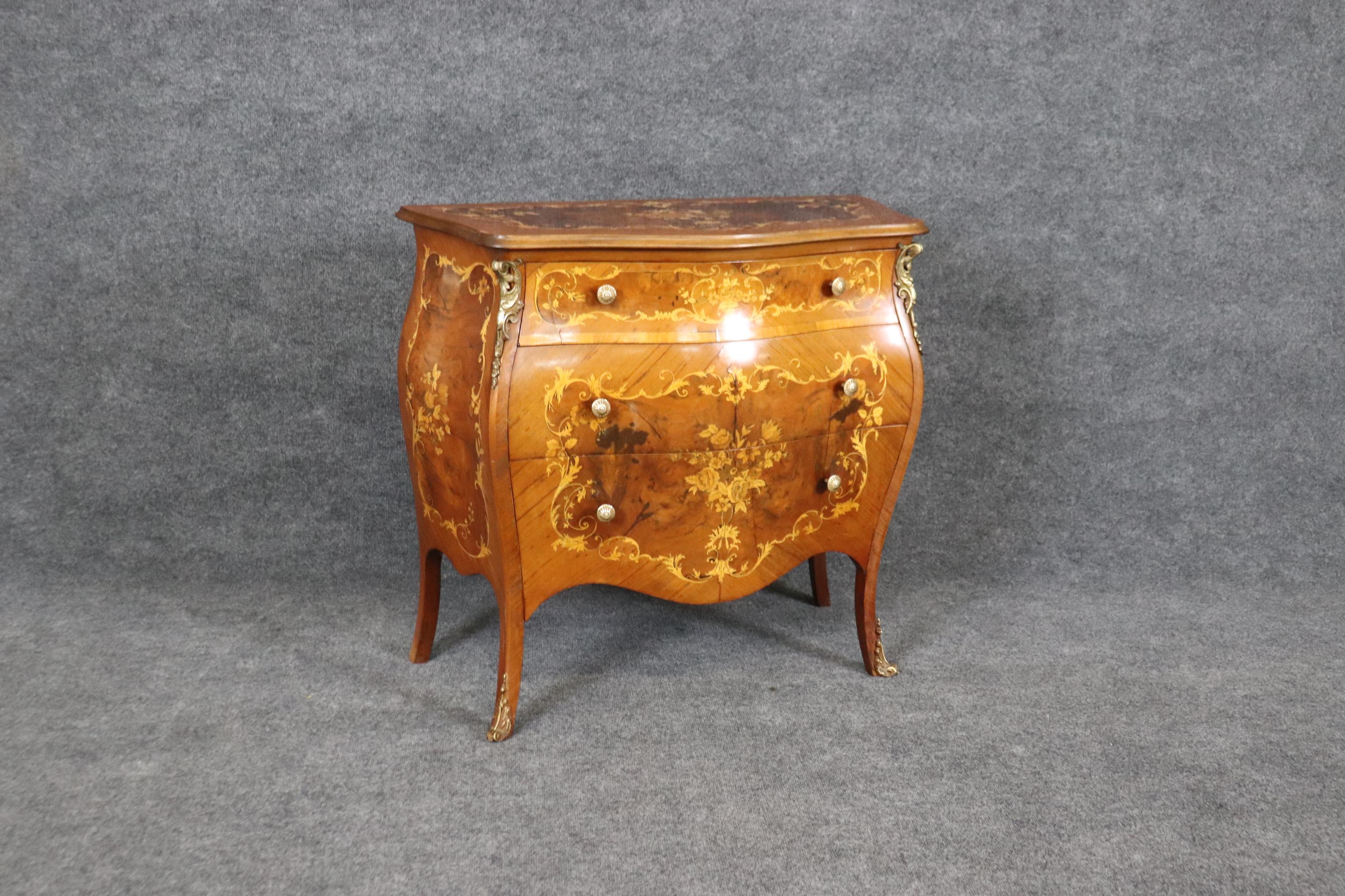 Louis XV Highly Decorated Bronze Mounted Inlaid Fancy Italian Bombe Form Commode Chest  For Sale