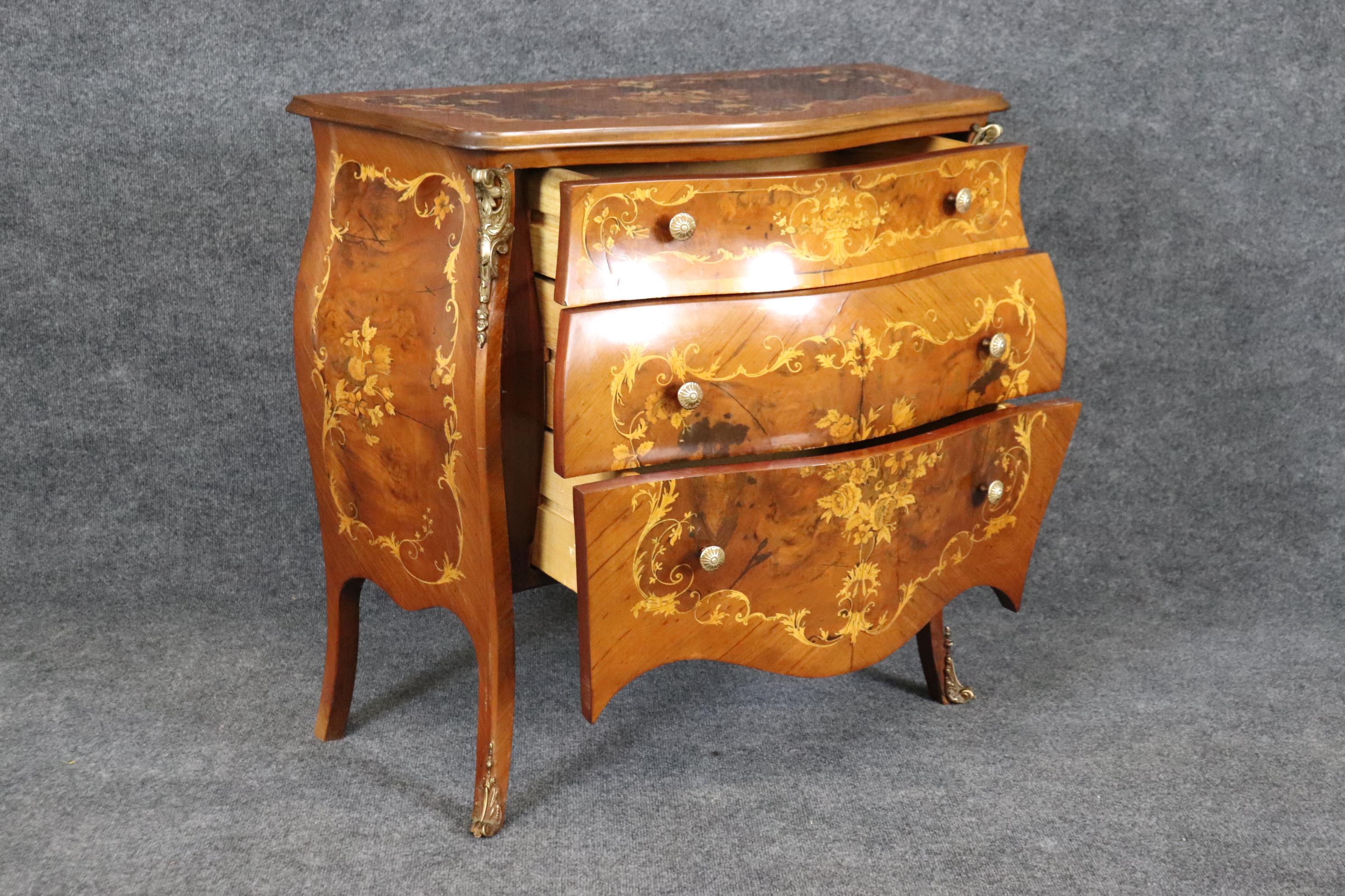 Highly Decorated Bronze Mounted Inlaid Fancy Italian Bombe Form Commode Chest  For Sale 1