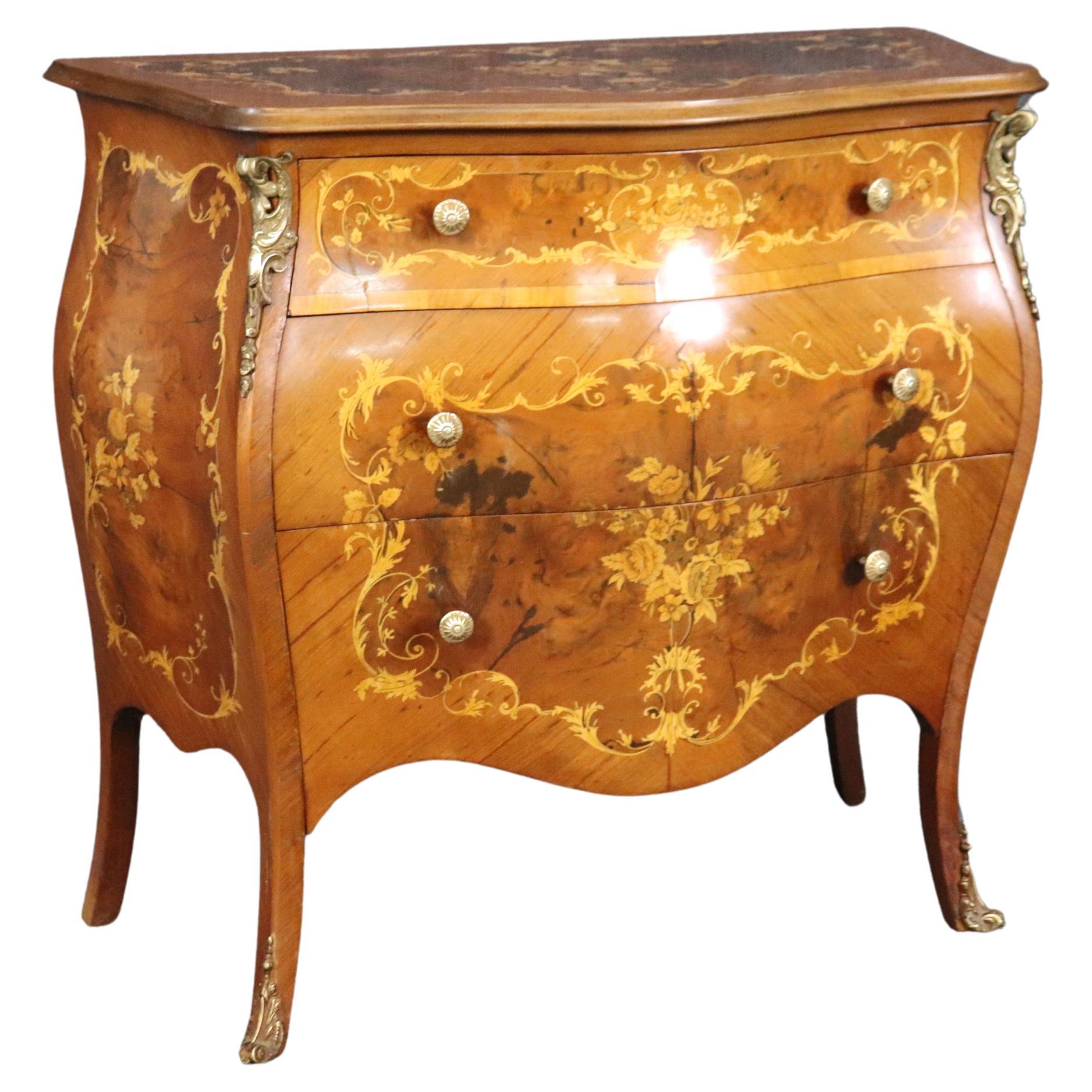Highly Decorated Bronze Mounted Inlaid Fancy Italian Bombe Form Commode Chest  For Sale