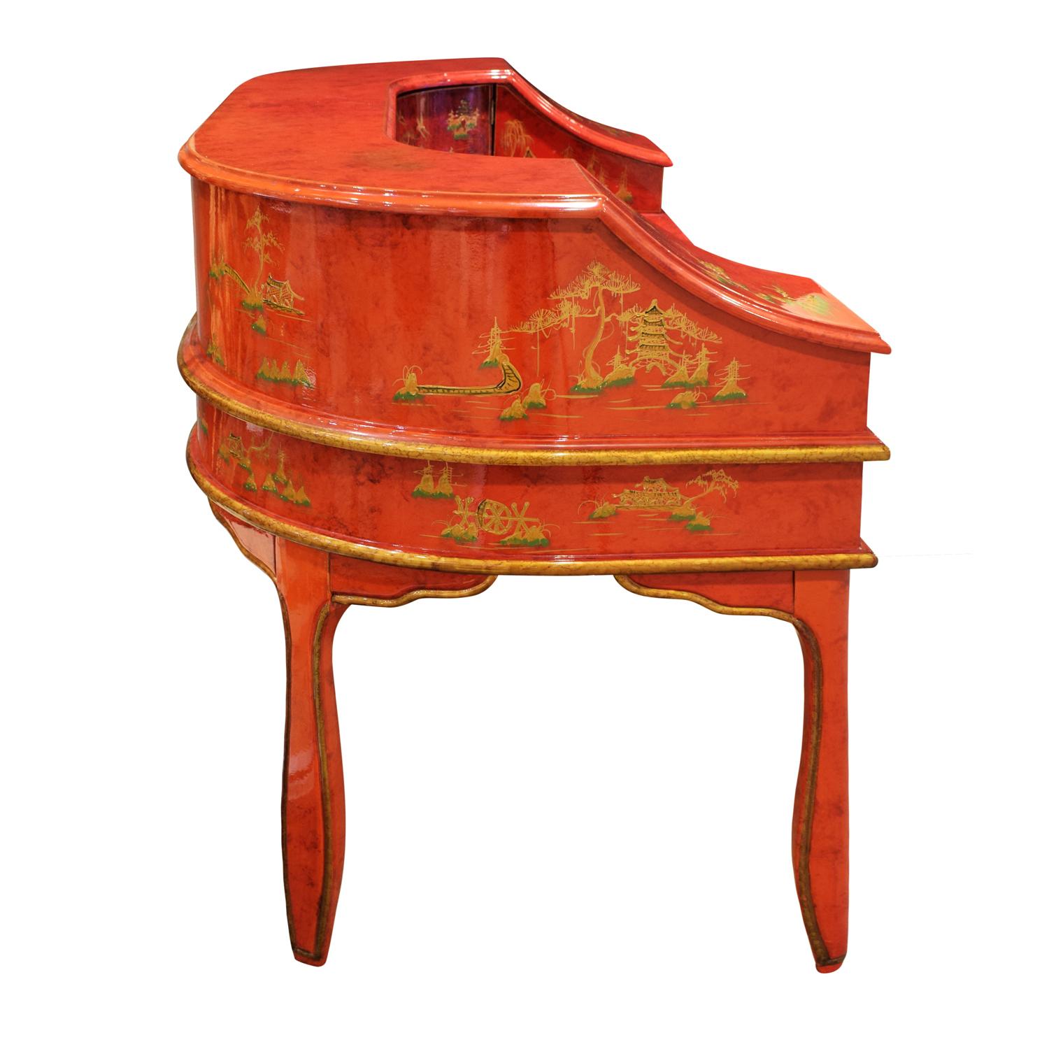 Highly decorated desk in red lacquer with stacked drawers and painted scenes, Chinese, 1950's.