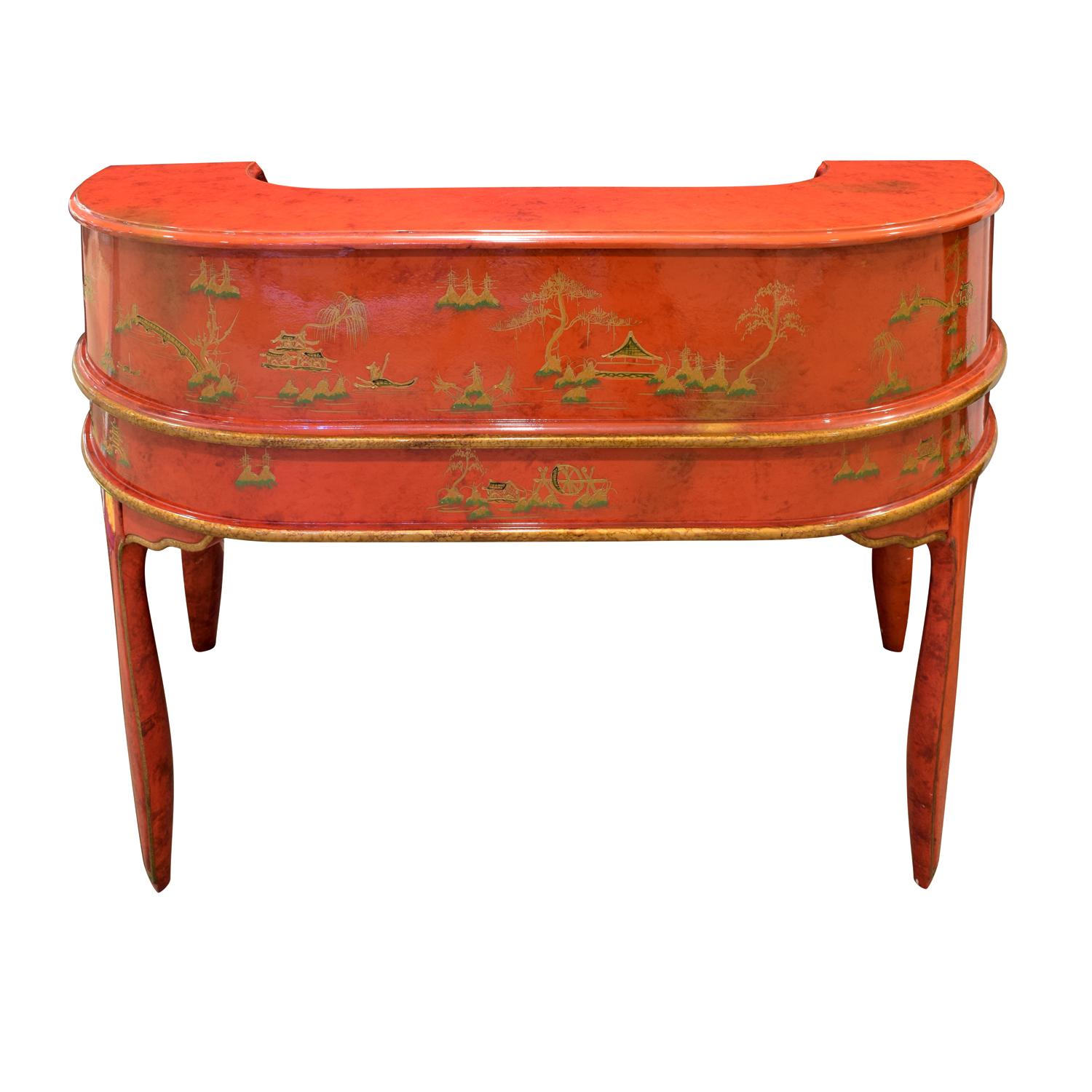 Mid-Century Modern Highly Decorated Chinese Desk in Red Lacquer, 1950s For Sale