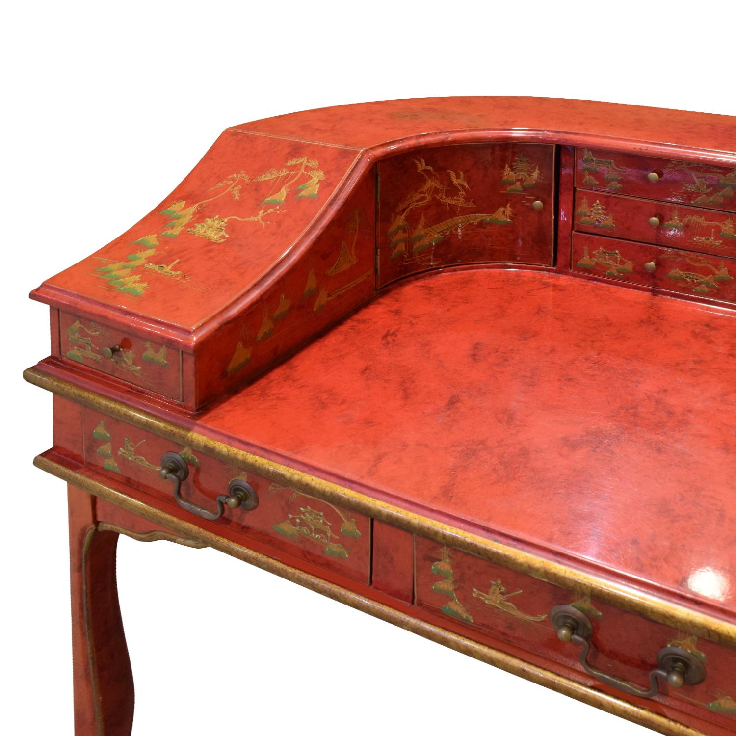 Highly Decorated Chinese Desk in Red Lacquer, 1950s In Good Condition For Sale In New York, NY