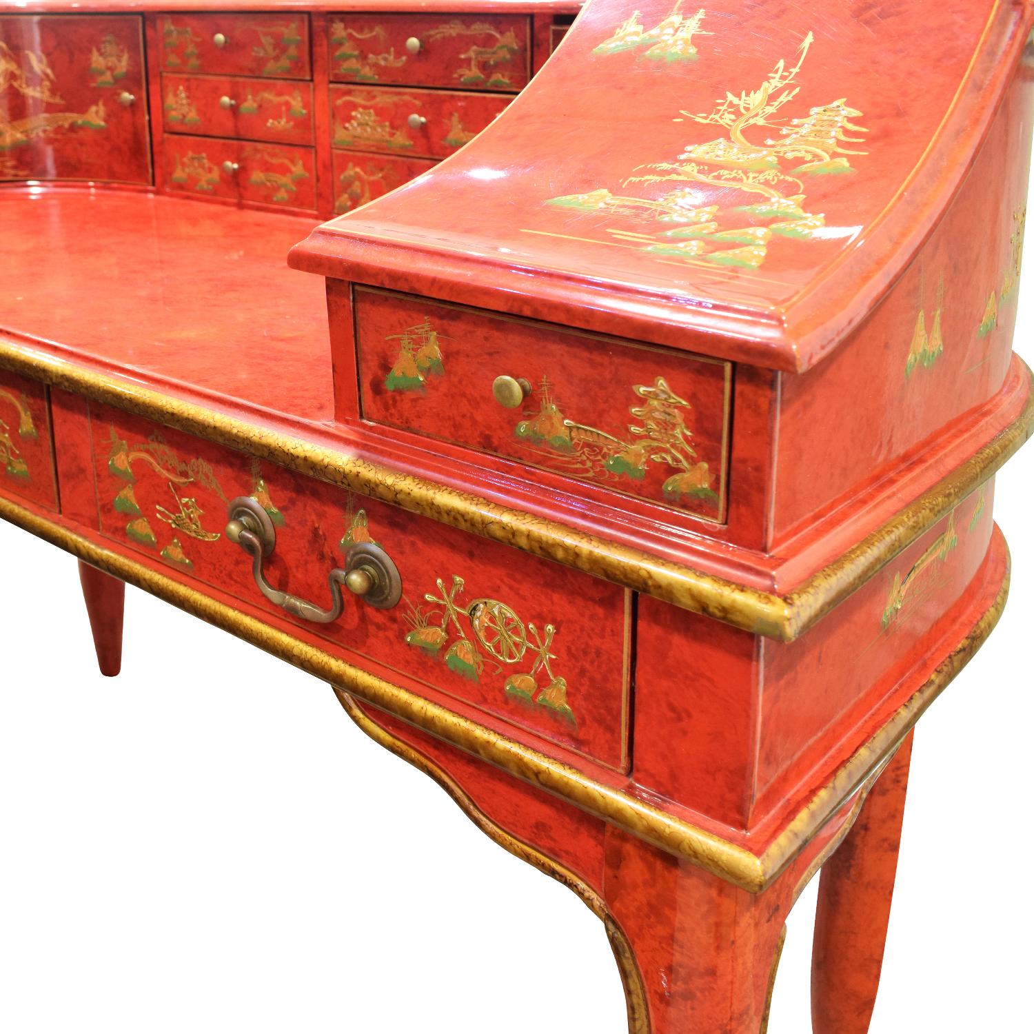 Mid-20th Century Highly Decorated Chinese Desk in Red Lacquer, 1950s For Sale