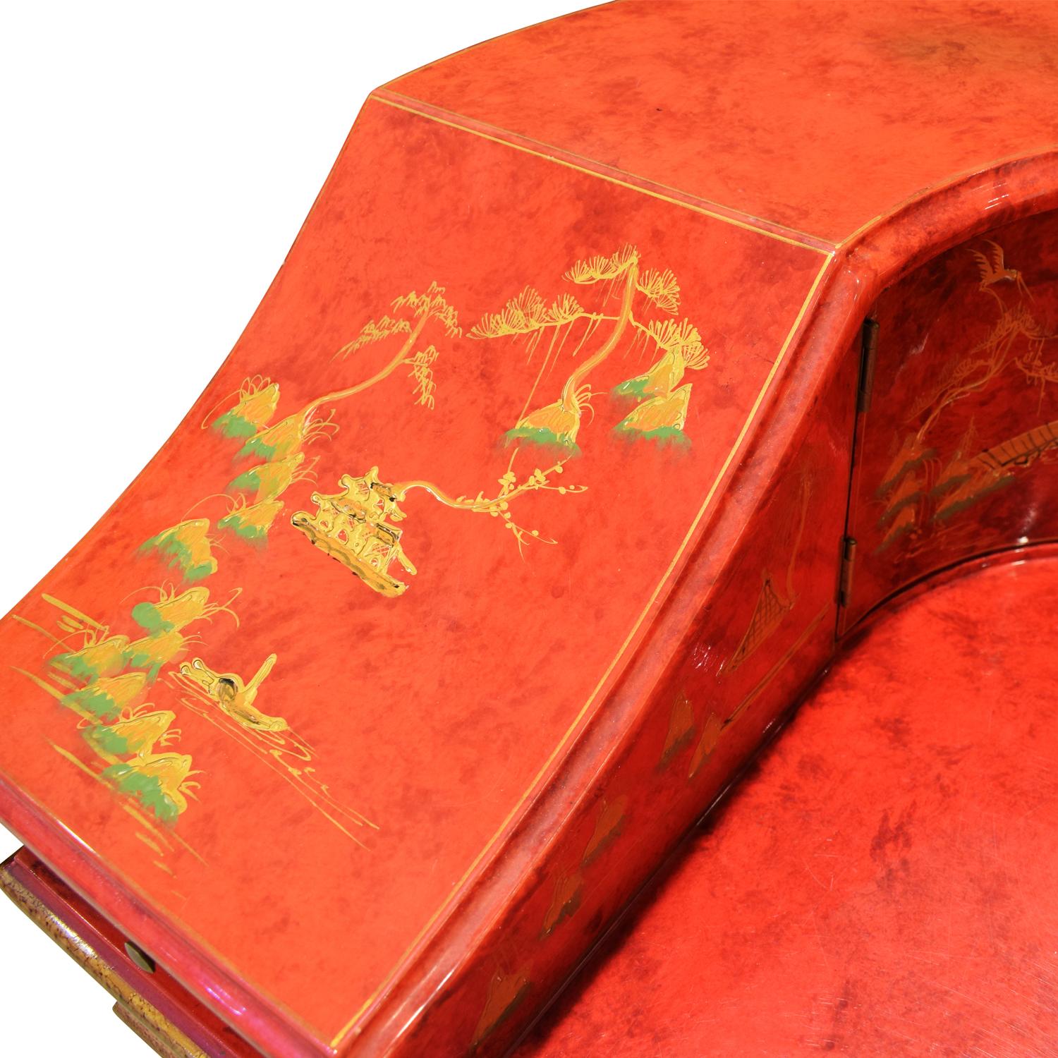 Wood Highly Decorated Chinese Desk in Red Lacquer, 1950s For Sale