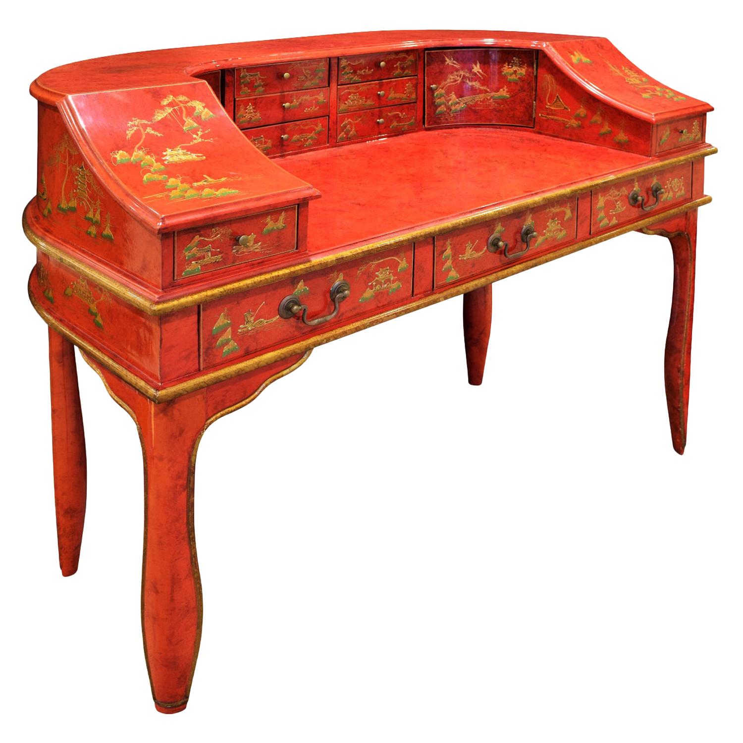 Highly Decorated Chinese Desk in Red Lacquer, 1950s For Sale