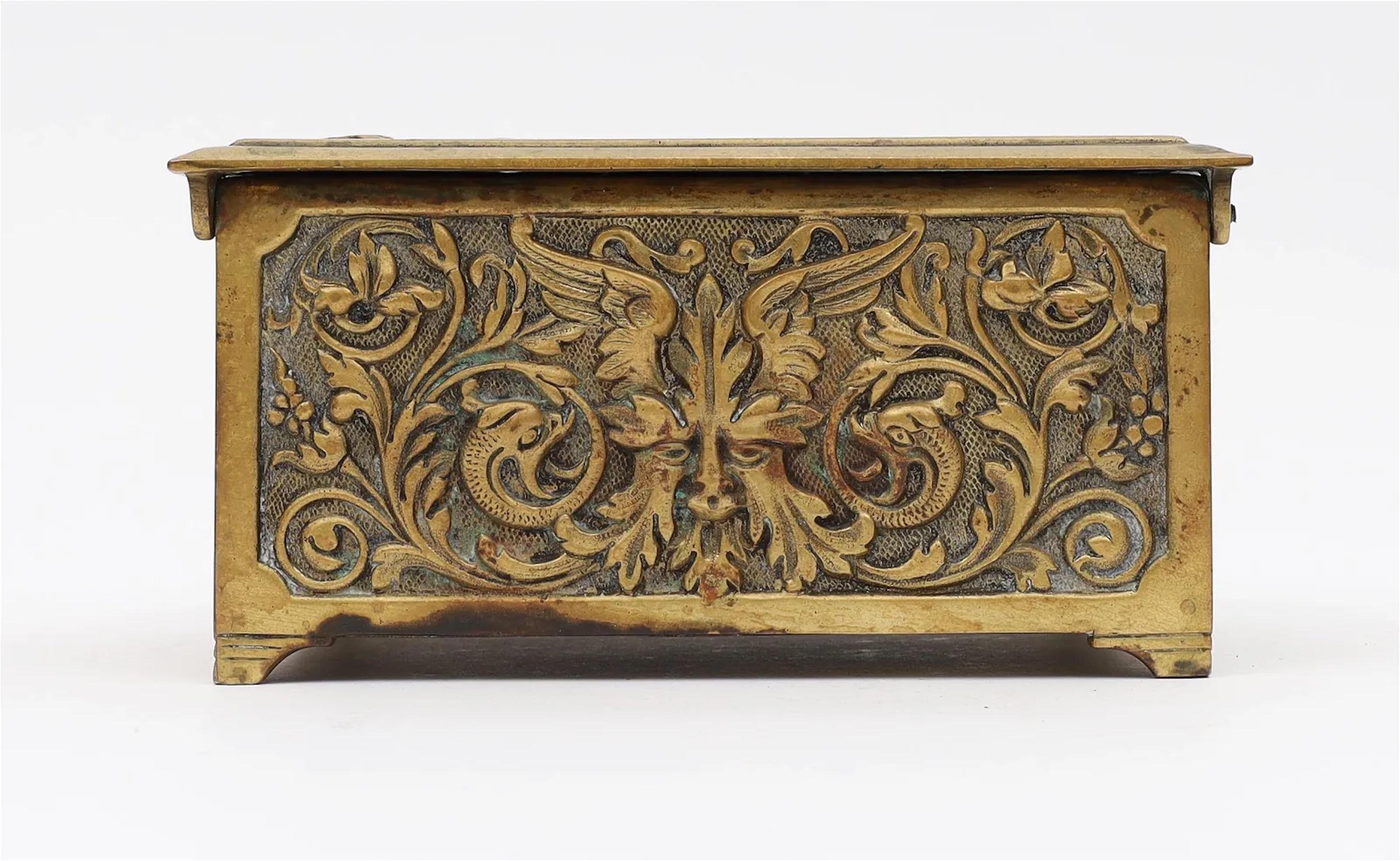 Belgian Highly Decorated Renaissance Style Solid Brass Jewelry Trinket Box For Sale