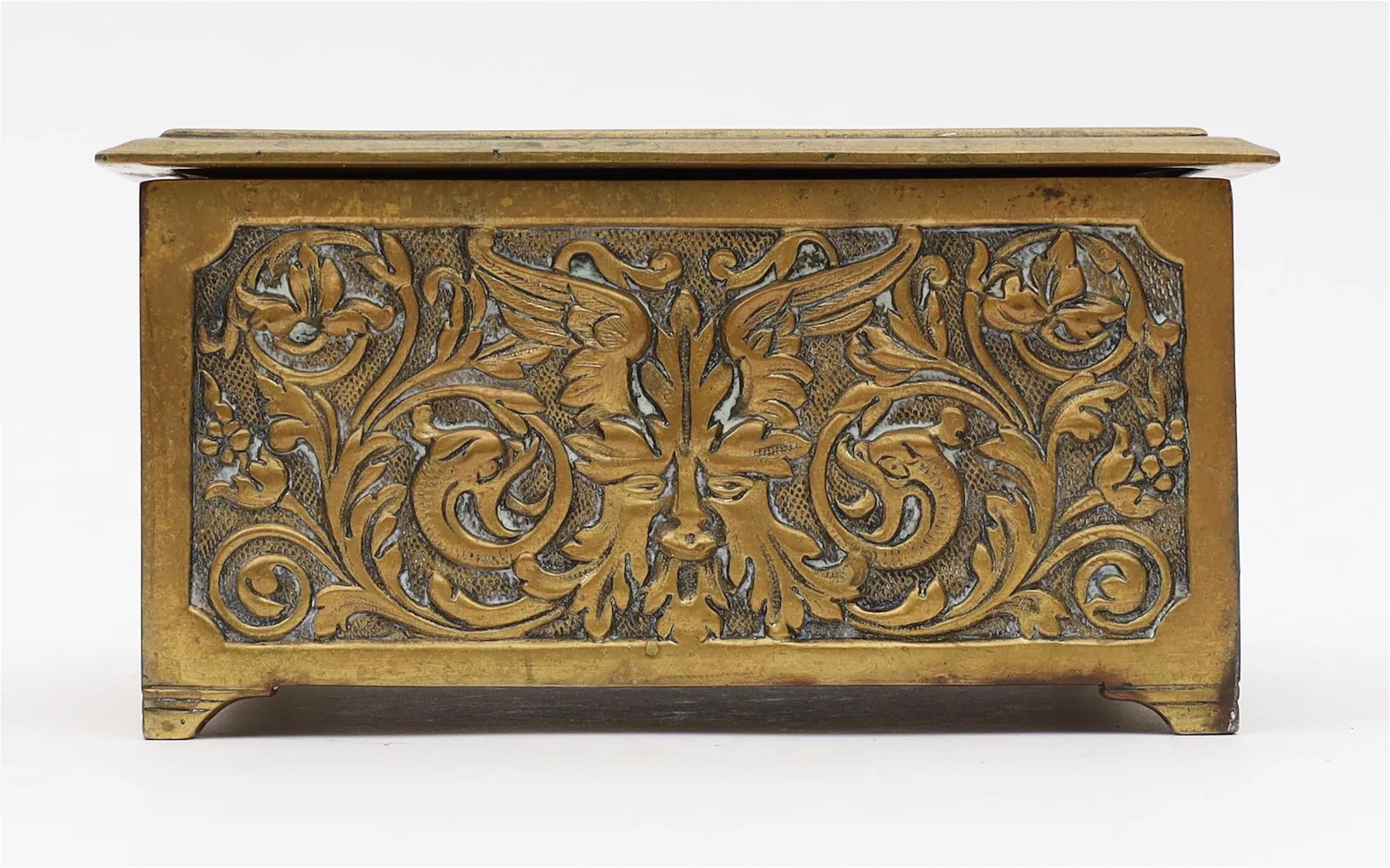 Early 20th Century Highly Decorated Renaissance Style Solid Brass Jewelry Trinket Box For Sale