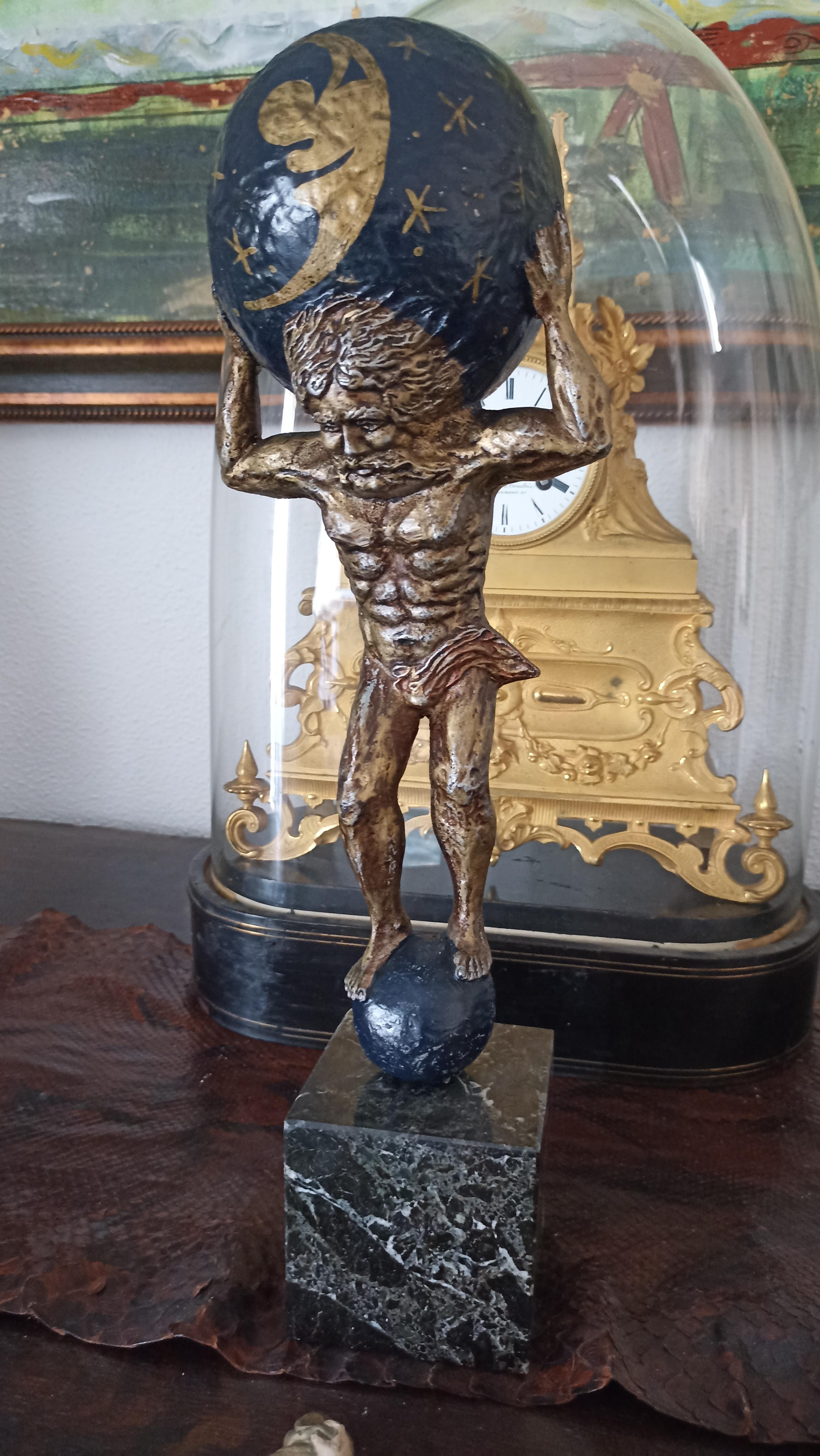 Grand Tour Highly Decorative 18th Century Cold Painted Solid Bronze Atlas Figure &Cherubs For Sale