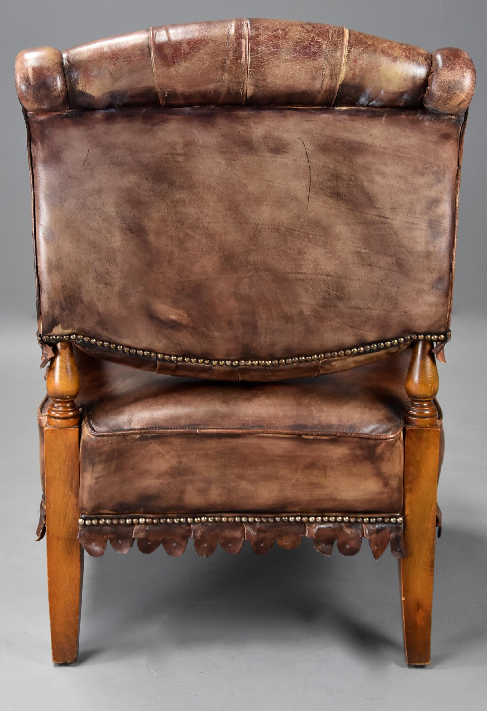 Highly Decorative 1930s French Brown Leather Open Armchair 10