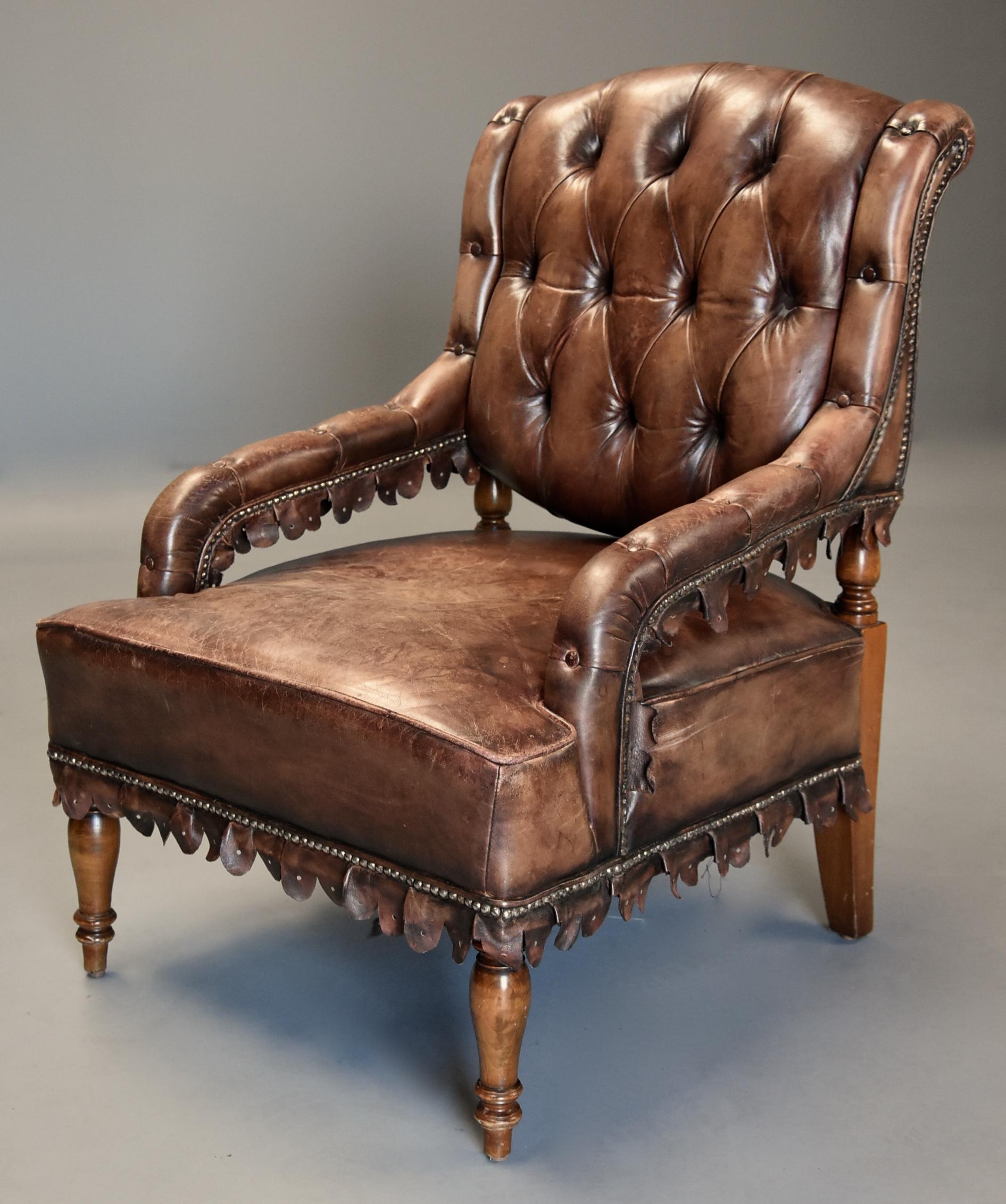 Highly Decorative 1930s French Brown Leather Open Armchair In Good Condition In Suffolk, GB