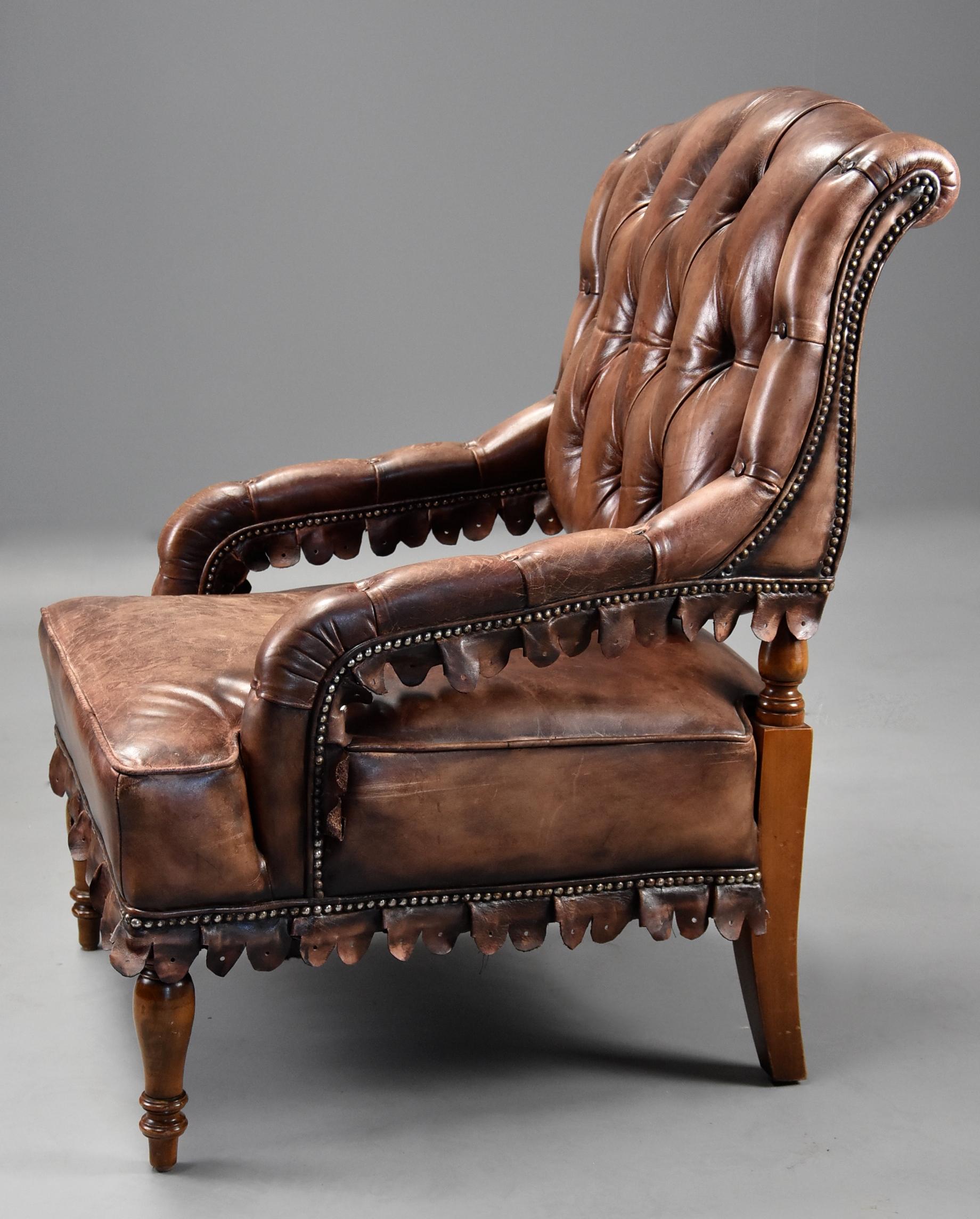 20th Century Highly Decorative 1930s French Brown Leather Open Armchair