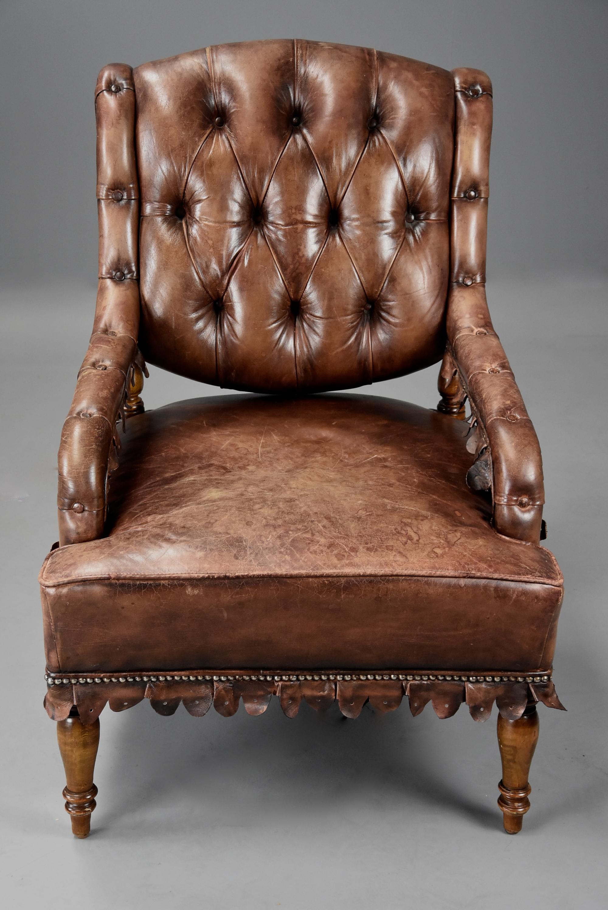 Highly Decorative 1930s French Brown Leather Open Armchair 1