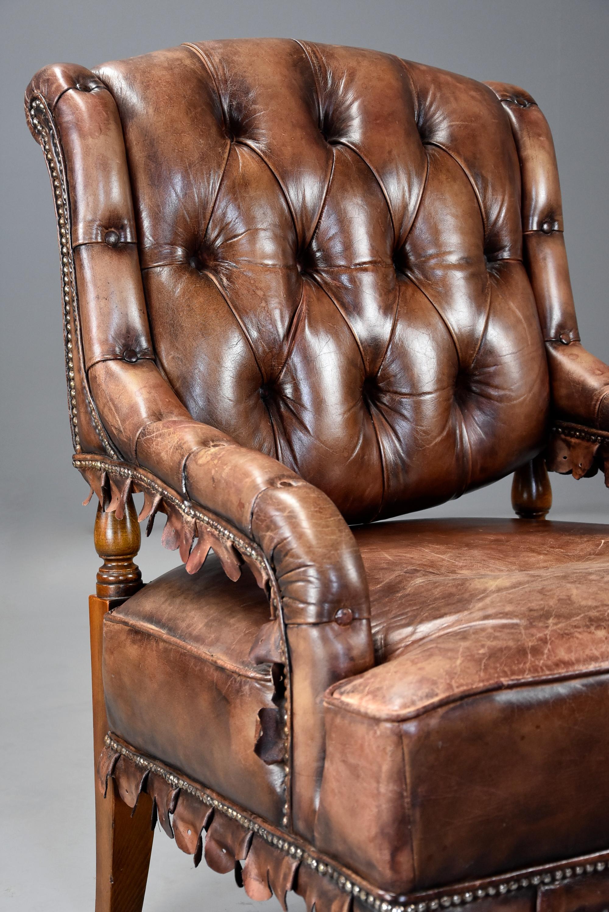Highly Decorative 1930s French Brown Leather Open Armchair 3
