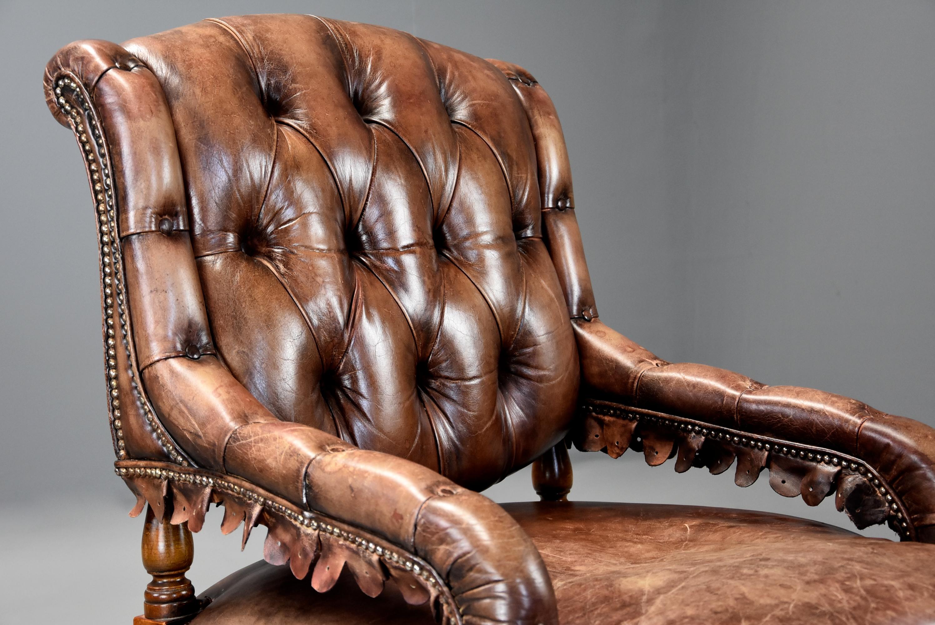 Highly Decorative 1930s French Brown Leather Open Armchair 4