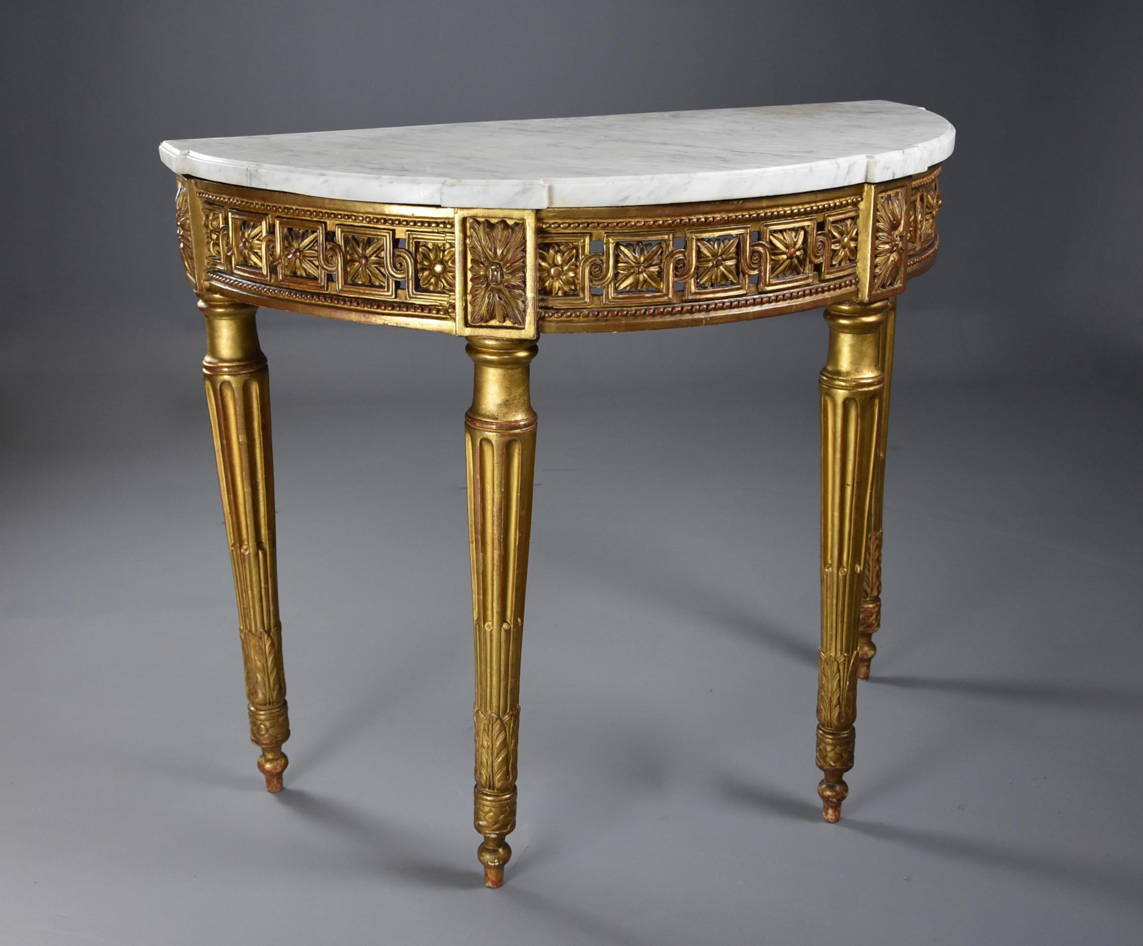 Marble Highly Decorative 19th Century French Demilune Gilt Console Table For Sale