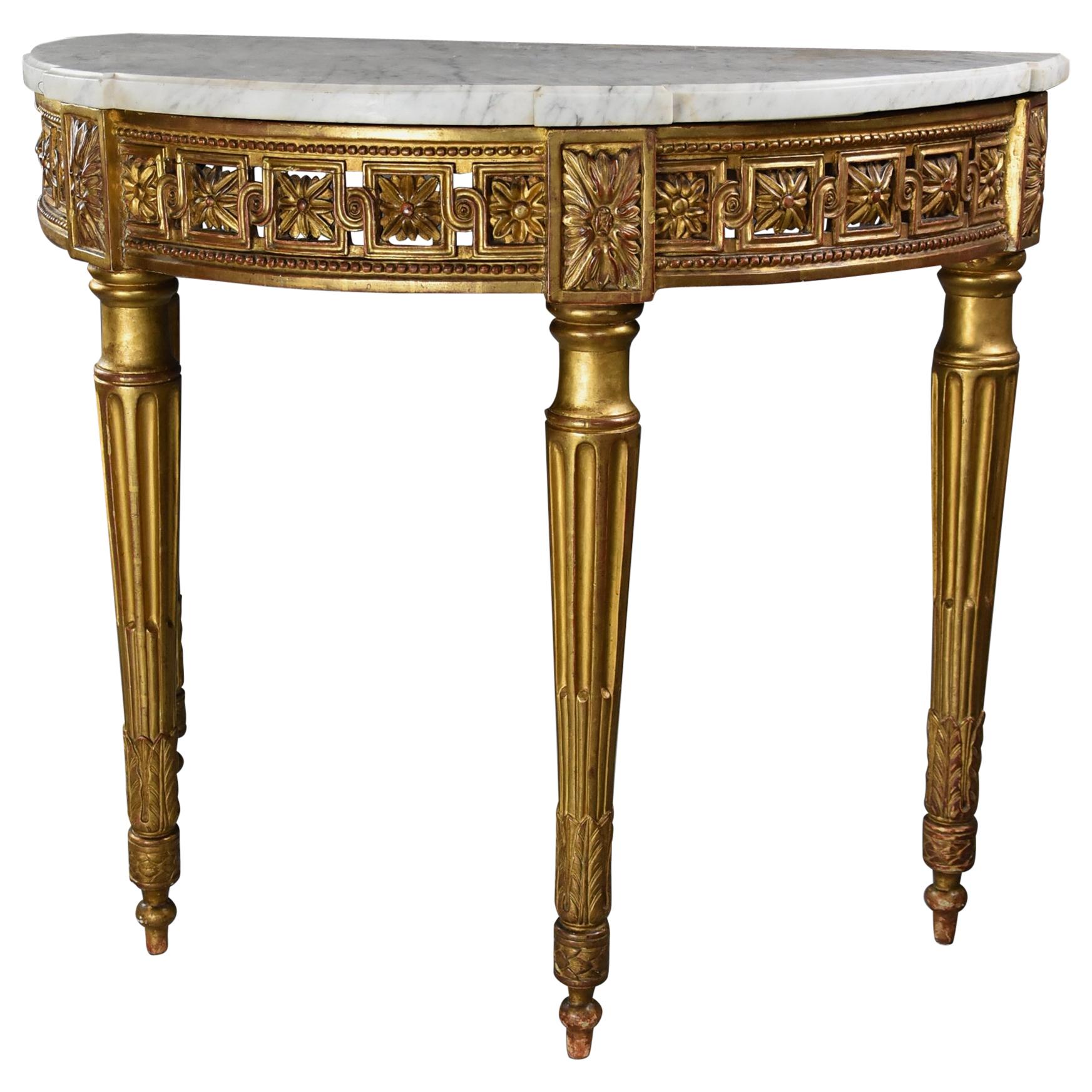 Highly Decorative 19th Century French Demilune Gilt Console Table For Sale