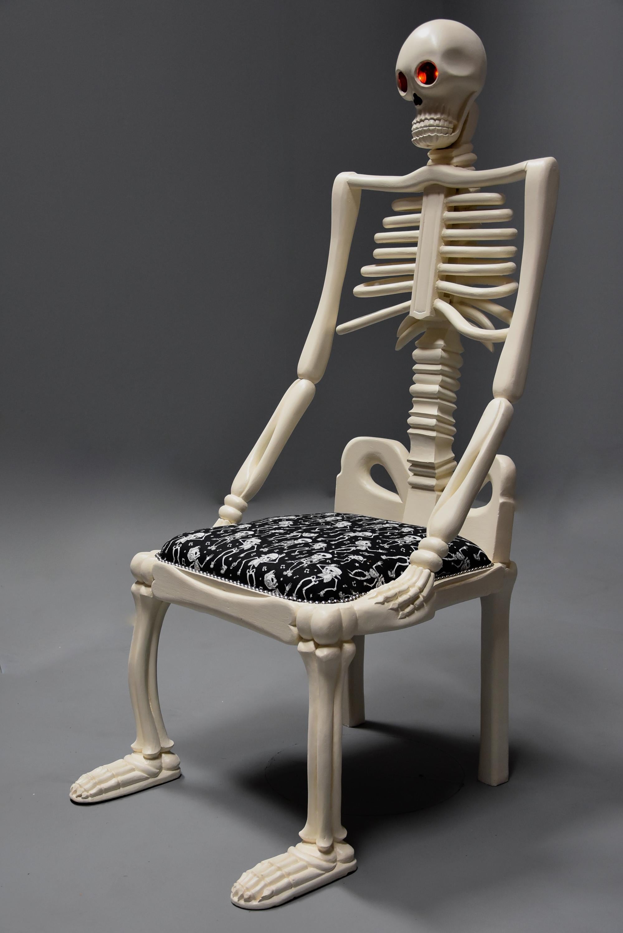 Highly Decorative and Unusual Hand-Carved and Painted Wooden Skeleton Chair For Sale 1
