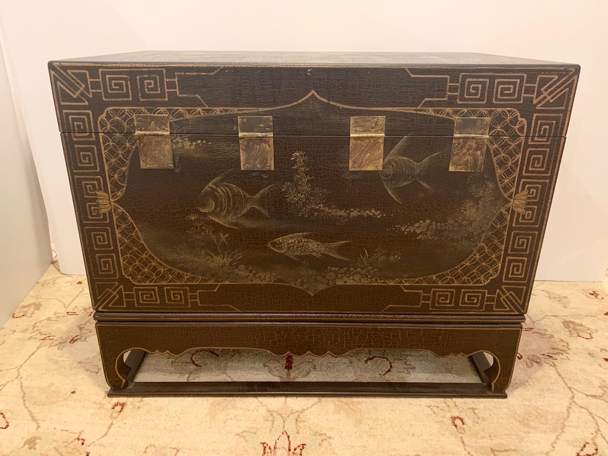 American Highly Decorative Chinoiserie Style Painted Trunk on Stand For Sale