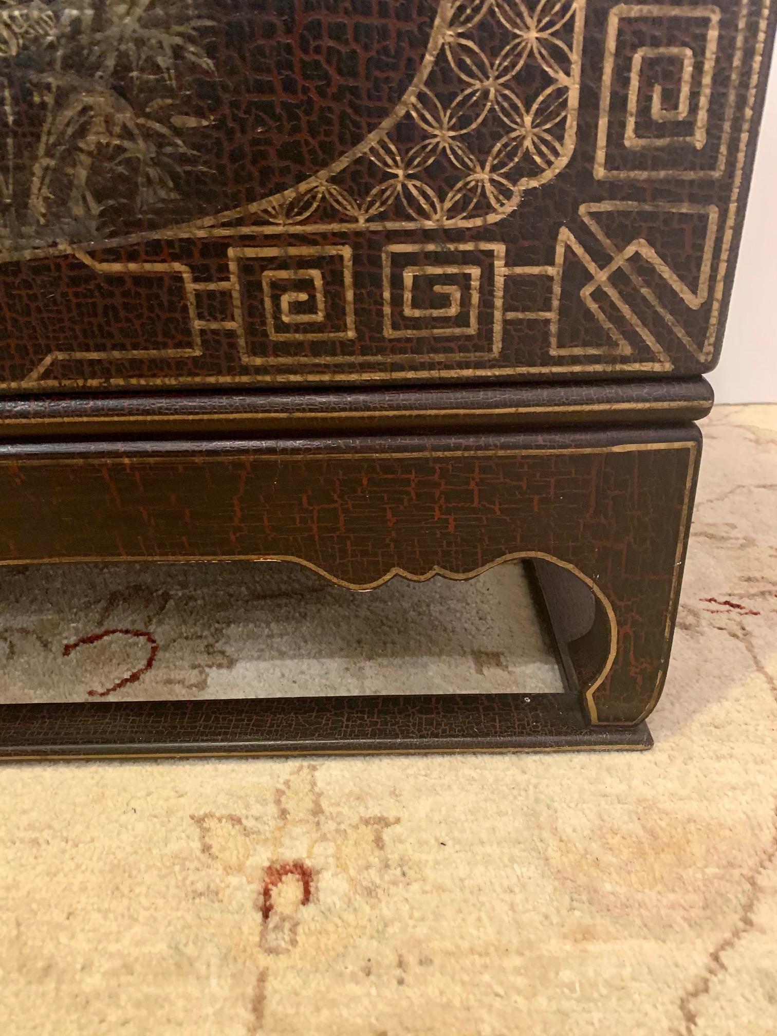 Highly Decorative Chinoiserie Style Painted Trunk on Stand In Good Condition For Sale In Hopewell, NJ