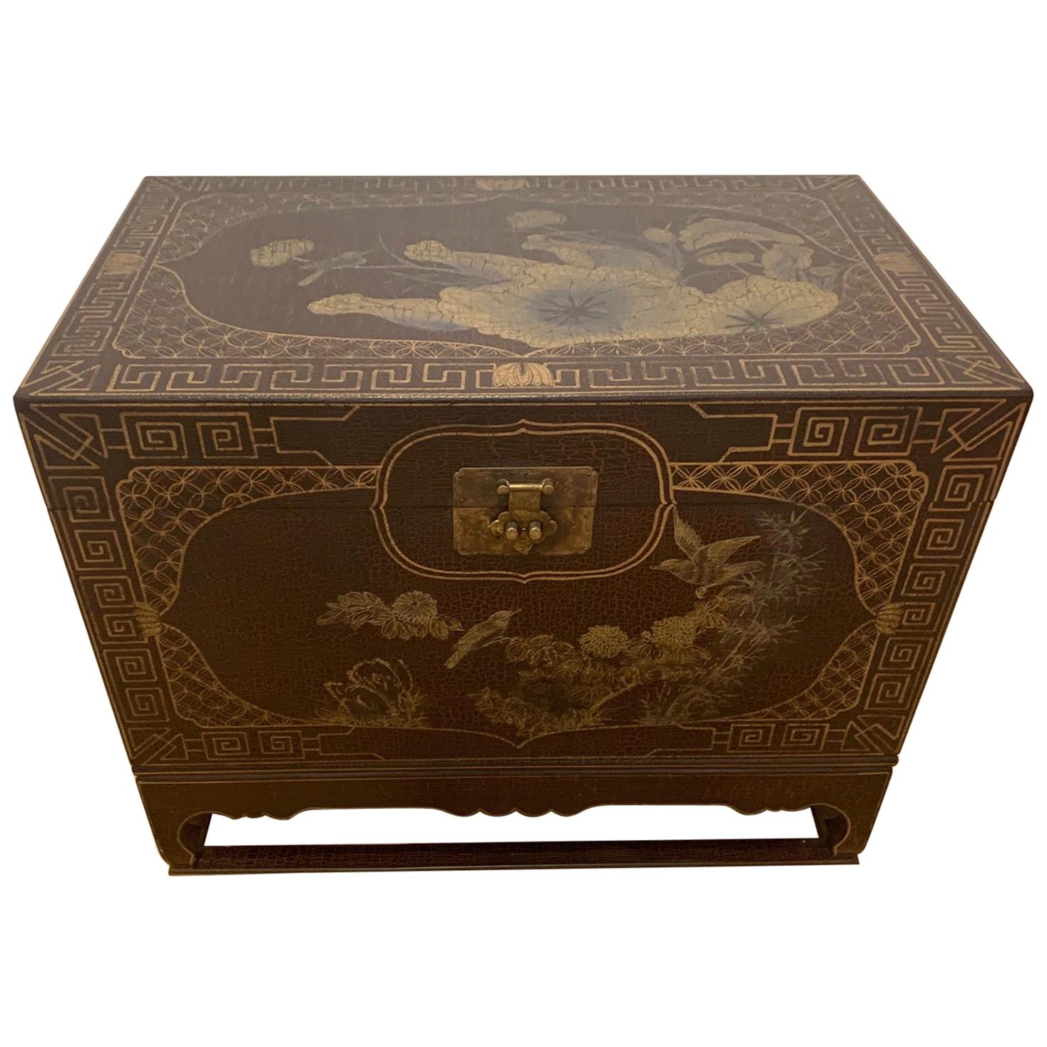 Highly Decorative Chinoiserie Style Painted Trunk on Stand For Sale