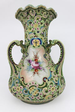 Highly Decorative Continental Jewelled Porcelain Three Handled Vase c.1900