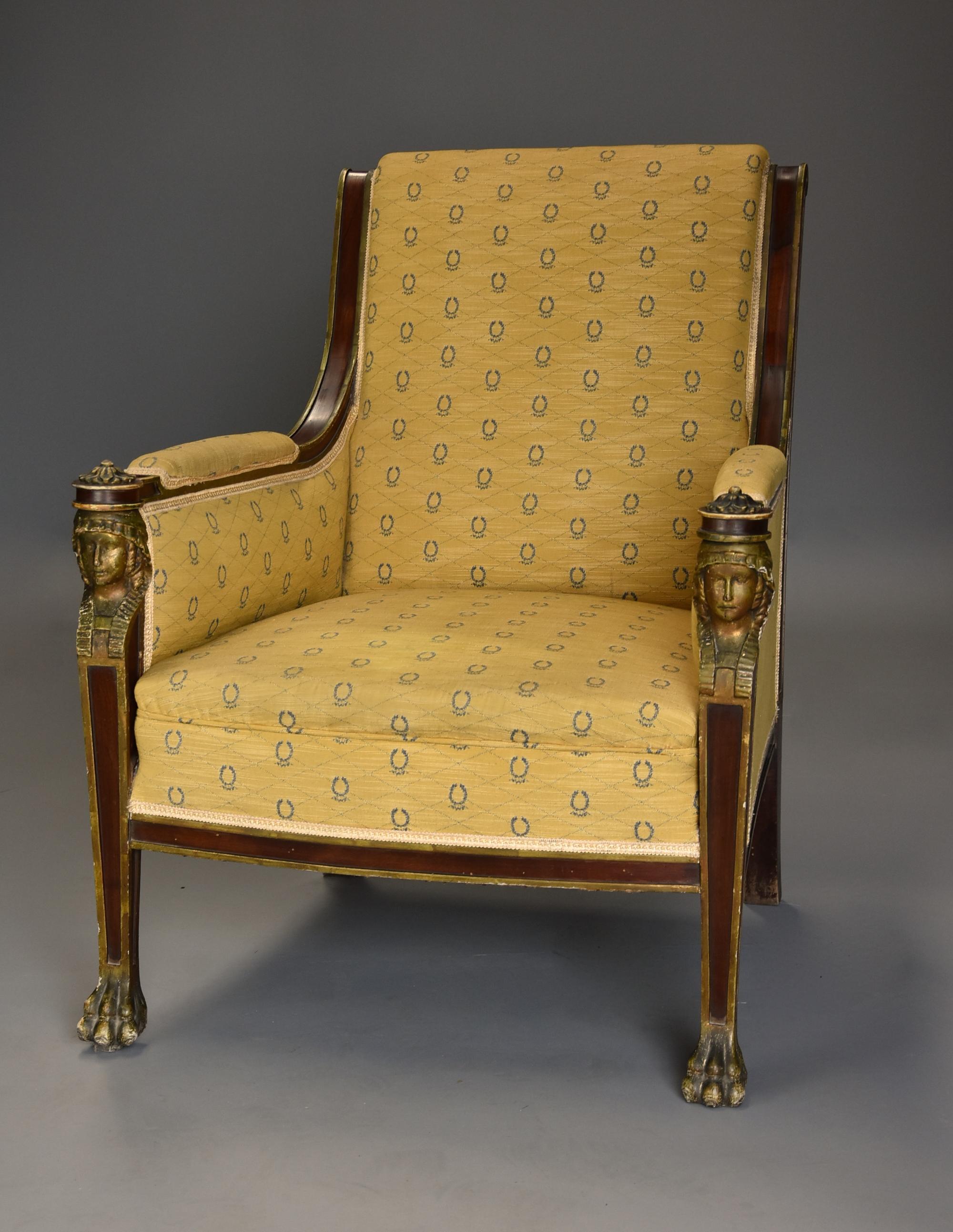Highly Decorative Early 20th Century French Empire Style Mahogany Armchair In Fair Condition For Sale In Suffolk, GB
