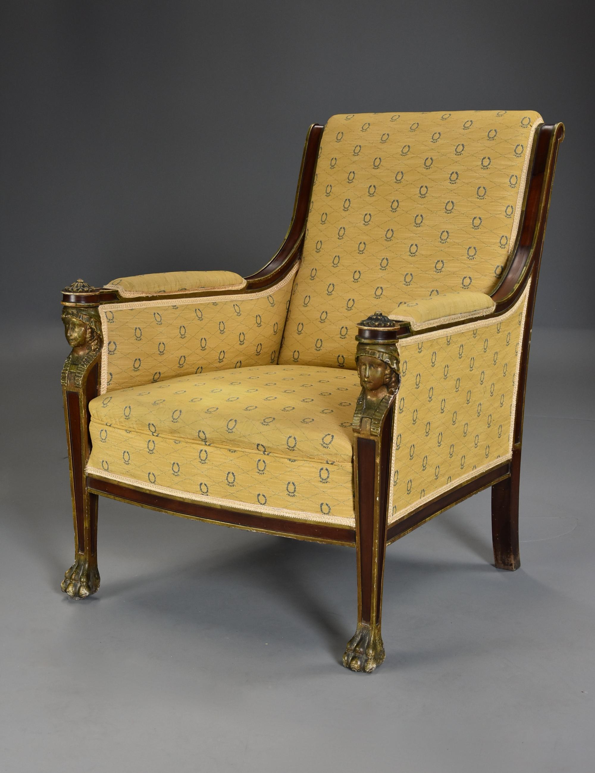 Highly Decorative Early 20th Century French Empire Style Mahogany Armchair For Sale 1