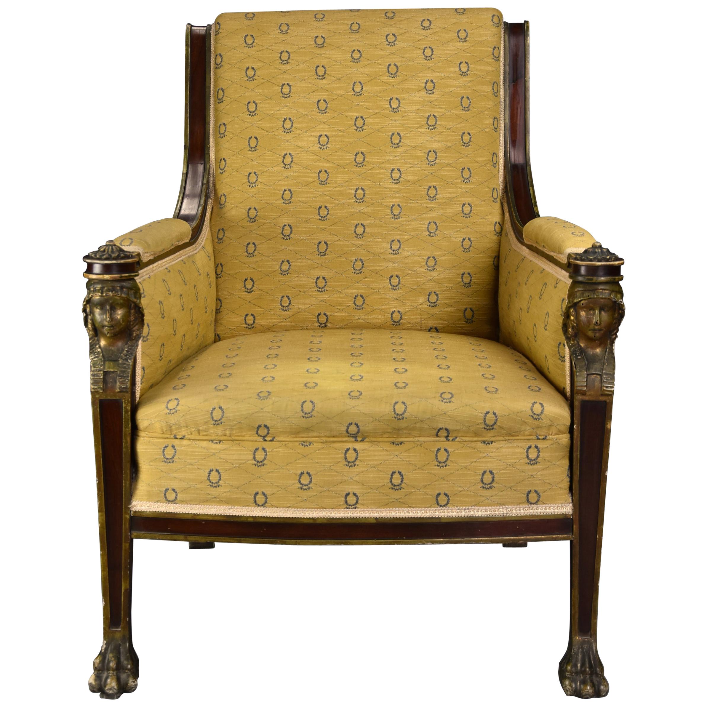 Highly Decorative Early 20th Century French Empire Style Mahogany Armchair For Sale